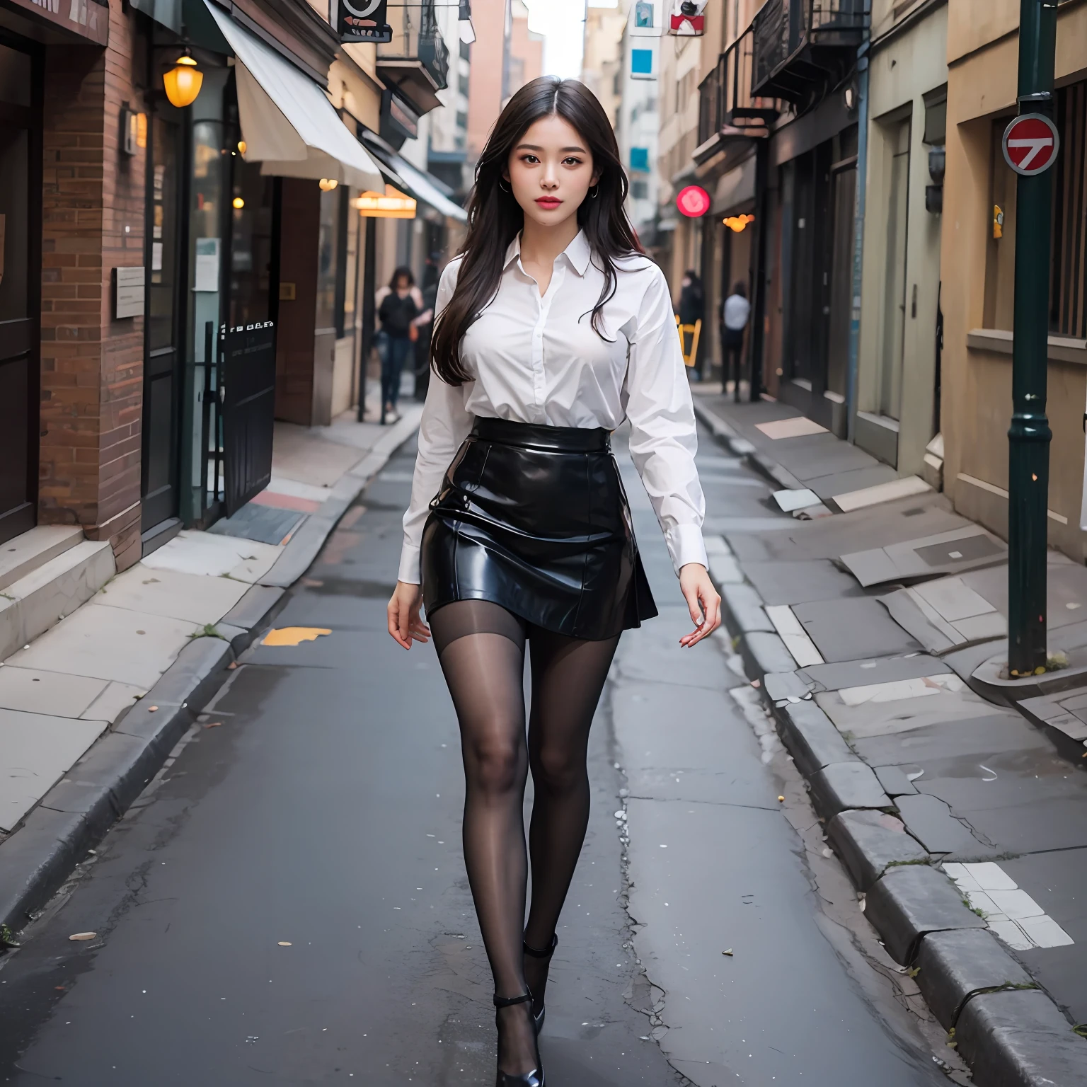 high qulity,Best quality at best,Full body like,Refined face,Nice face,length hair,being thin,silk stockingsa,lacepantyhose,skinsuit,office lady uniform,perfect body figure,high-heeled,volutpuous,Bigchest,Leaking skirt,In a beautiful street,hugetits,shirt,oud