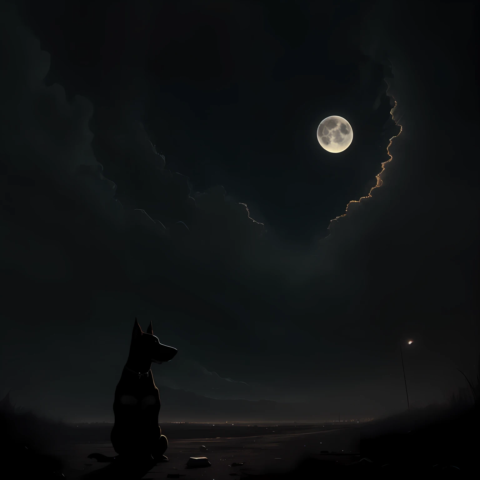 Genera una imagen de un perro, Doberman breed. El perro debe ser representado como una criatura grande y feroz, con pelaje oscuro y desalinizado. Sus ojos deben emitir un brillo rojo intenso, y su boca debe mostrar colmillos afilados y temibles. The dog must be standing in a gloomy and hazy landscape, con la luna llena brillando en el cielo y un Castillo en ruinas en segundo plano. The overall mood of the image should evoke a sense of mystery, peligro y suspenso y terror .El perro debe estar solo.