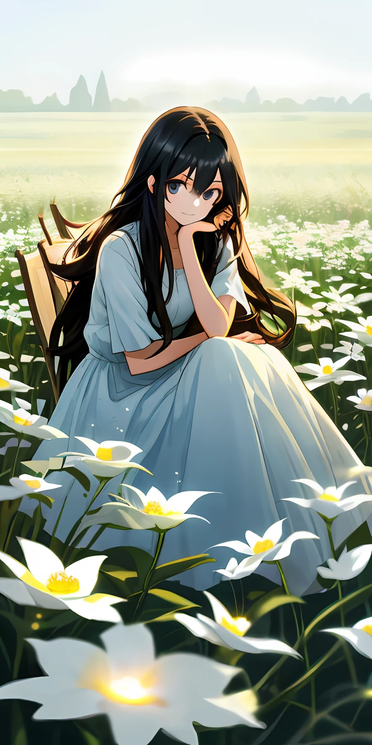 (tmasterpiece,best qualtiy),1 long-haired girl in a white dress sitting in a lush flower field,Hand on chin,The warm, soft lights around her hit her,Softened outlook。