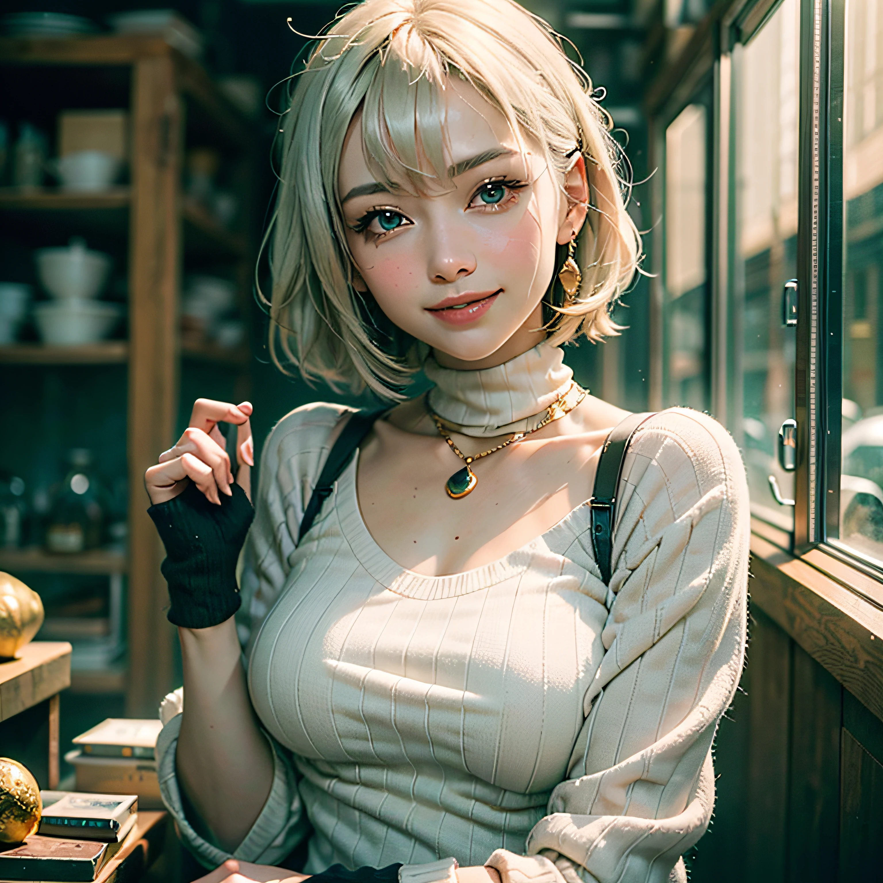 full bodyesbian、White-haired、(dragoon: 1.2)、Brantovan、masterpiece、beste-Qualit、offcial art、Highly elaborate CG Unity 8K wallpapers、For girls、The ultra-Highres、(Hphotorealistic:1.4)、Golden Hour Lighting、Sweater Dresses、(Upper body body)、(Platinum Shorthair:0.8)、(Puffy eyes)、Look at viewers、Front-facing、a smile、mideum breasts、Gentle smile、shirts lift、Luxurious interior
