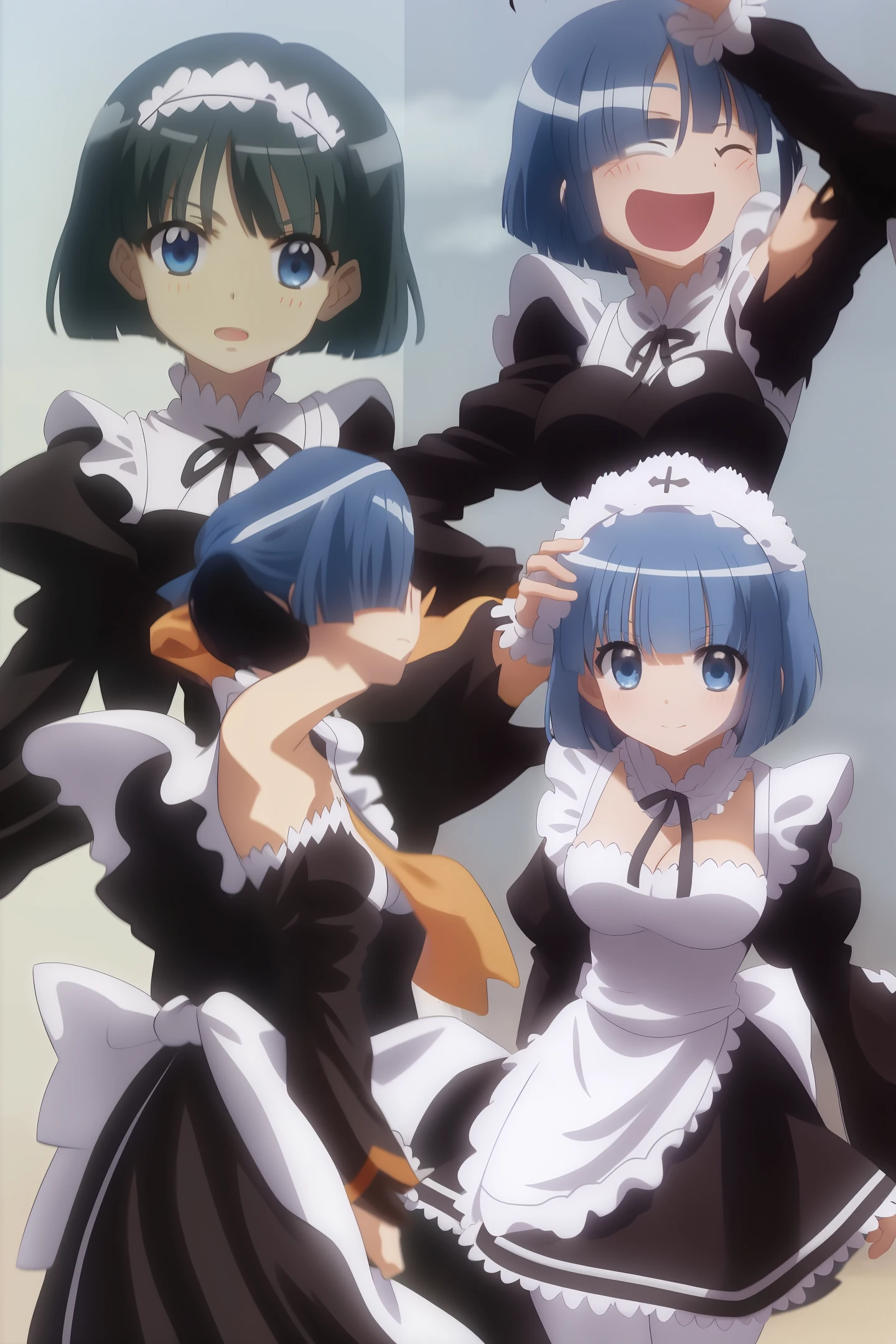 Highest image quality，faces the audience，blue  hair，bob-cut hair，Blindfolding，eBlue eyes，anime big breast，the maid outfit，Re：0，A high resolution，agony，shift dresses，Shy，Look up