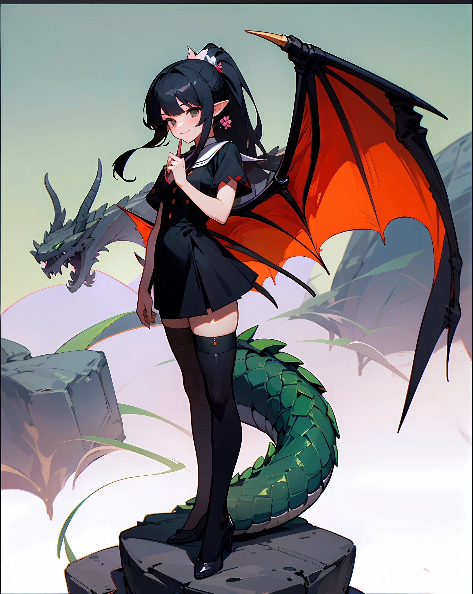 tmasterpiece， Best quality at best， high high quality， 1girll， Dragon Girl， banya， Dragon's horn，Black hair， pointy ears， Black dress， female student，Flower Rock Boulder， large wings， Dragon wings， coda， Dragon tail， thigh high，Full body photo standing on a boulder， standingn，Handsome standing，  Dragon hand， length hair，Hairstyle high ponytail， By bangs， Button， ssmile，outside --auto