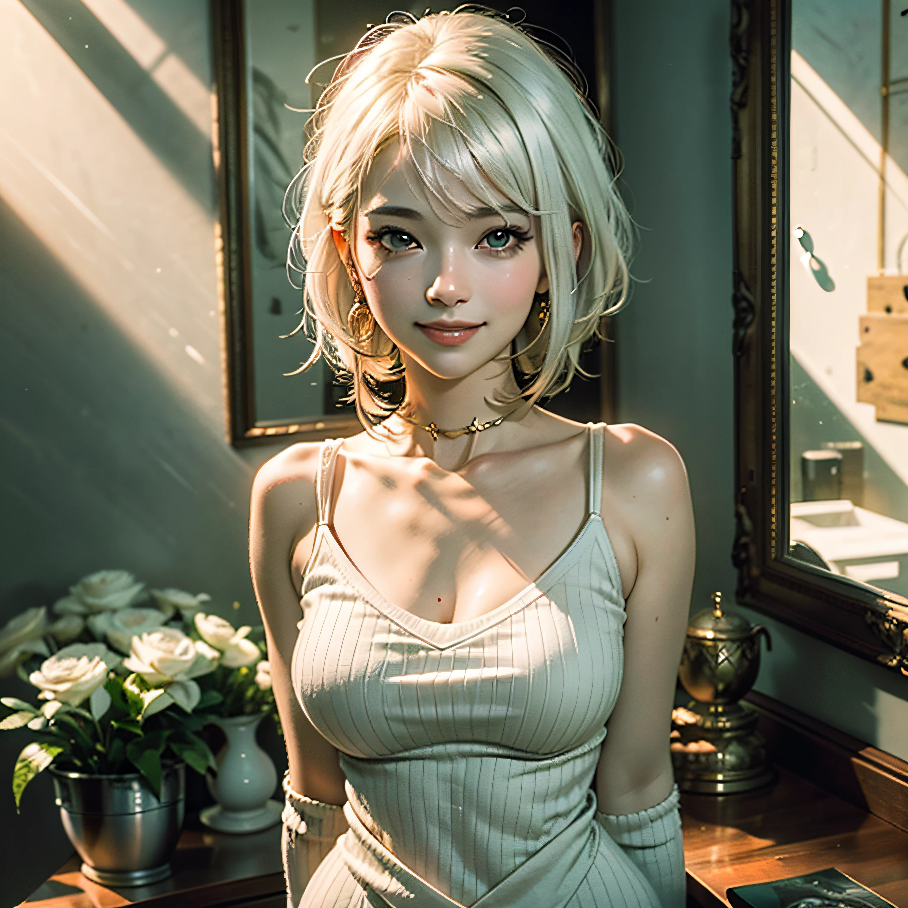 full bodyesbian、White-haired、(dragoon: 1.2)、Brantovan、​masterpiece、beste-Qualit、offcial art、Highly elaborate CG Unity 8K wallpapers、For girls、The ultra-Highres、(Hphotorealistic:1.4)、Golden Hour Lighting、Sweater Dresses、(Upper body body)、(Platinum Shorthair:0.8)、(Puffy eyes)、Look at viewers、Front-facing、a smile、mideum breasts、Gentle smile、shirts lift、Luxurious interior