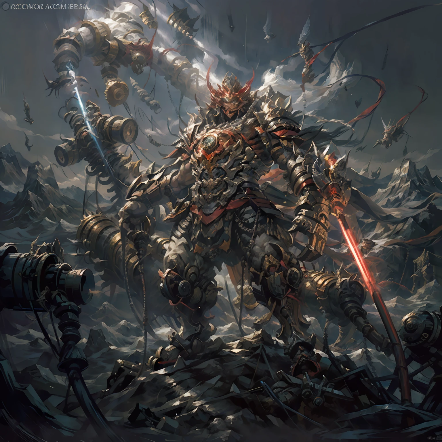 The red humanoid mech wields a lightsaber to attack the silver beast-shaped mech,Mountain peak background,35° upward view --auto