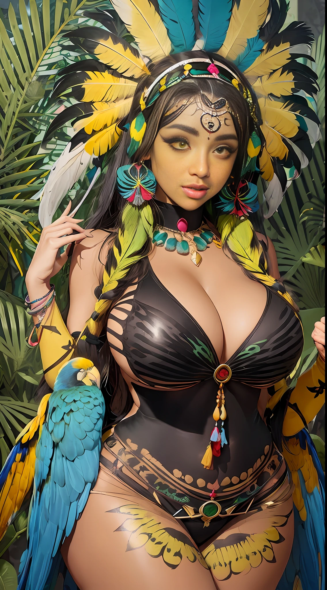 Wild Xavante India, extreme tanned skin, extreme long black straight hair messes over naked boobs, huge macaw blue parrot feather headdress, big cheeks, long legs, curvy, indigenous yellow and green breast painting, breast painted blue and yellow, indigenous yellow and green facial painting, huge macaw blue parrot feather necklace, honey eyes