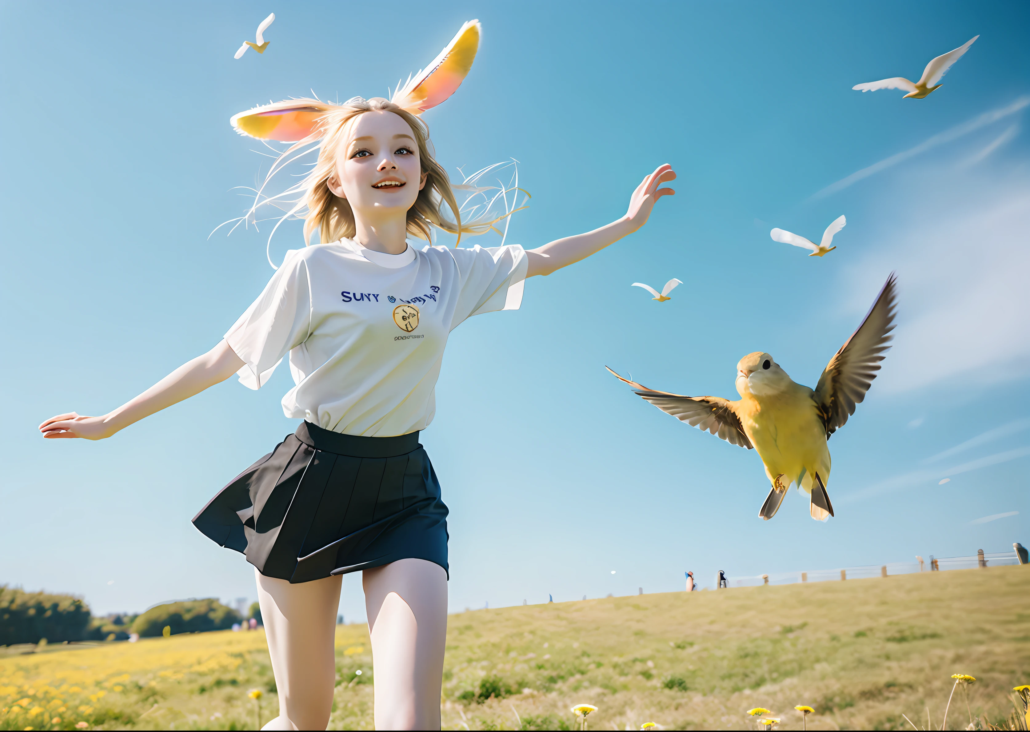 dandelion,grassy fields,Kizi,whitish skirt,golden hair,Golden pupils,suns,baiyun,blue-sky,bunny,flying birds,The ultra -The high-definition,Golden light shines,run,hyper realisitc
