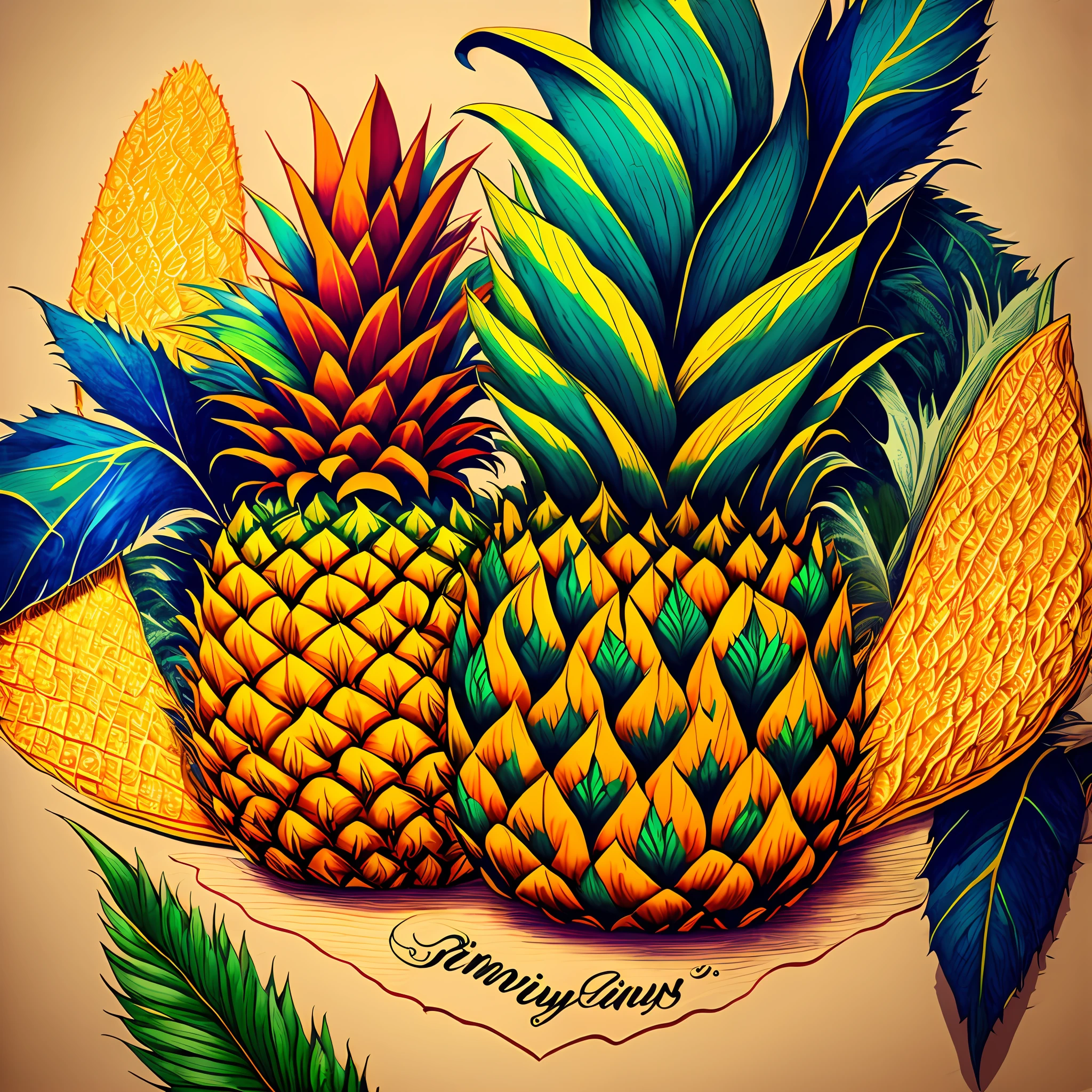 pineapples(The leaves are orange,Yellow-red,green colors,em cor azul escuro),Pineapple leaves(flowy),naturey,rich colour,Hand drawing illustration,16k,super detailing,High Details,ccurate --aut --auto