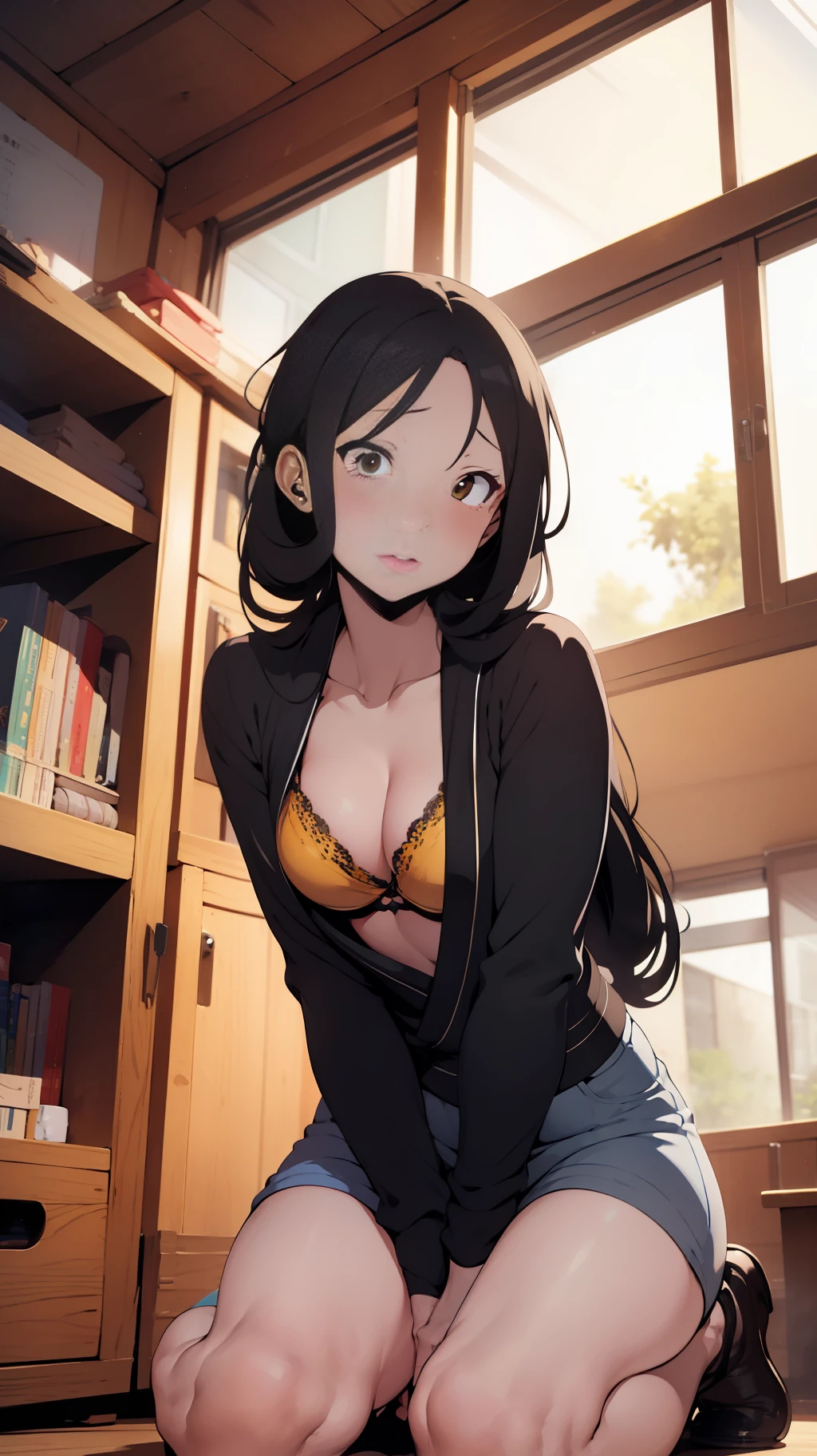 one woman, seiza,put hands between legs,from below, tall of a person,yellow bra,yellow panty,thin,gleaming skin,beautiful face,sharp eyes,brown eyes,flushed cheeks,cool,angry,long hair,ponytail, black hair,slender face,indoor,illustration style,anime style,masterpiece, extremely fine and beautiful,illustration,adult woman