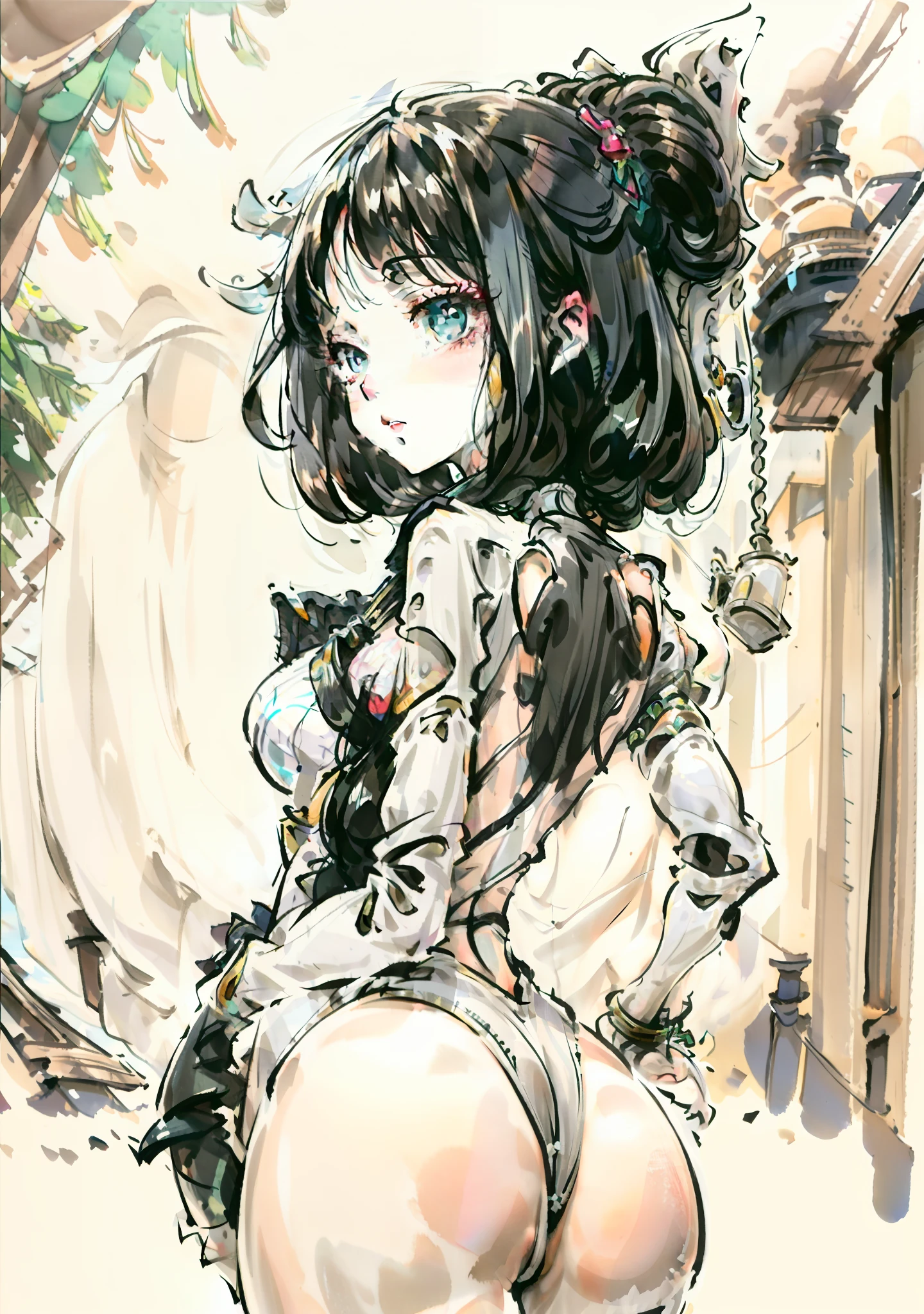 White swimsuit,s girl,skinsuit,Poor milk,Big ass,Green eyes,whaite hair,Large butts,bob-cut hair,Smooth back