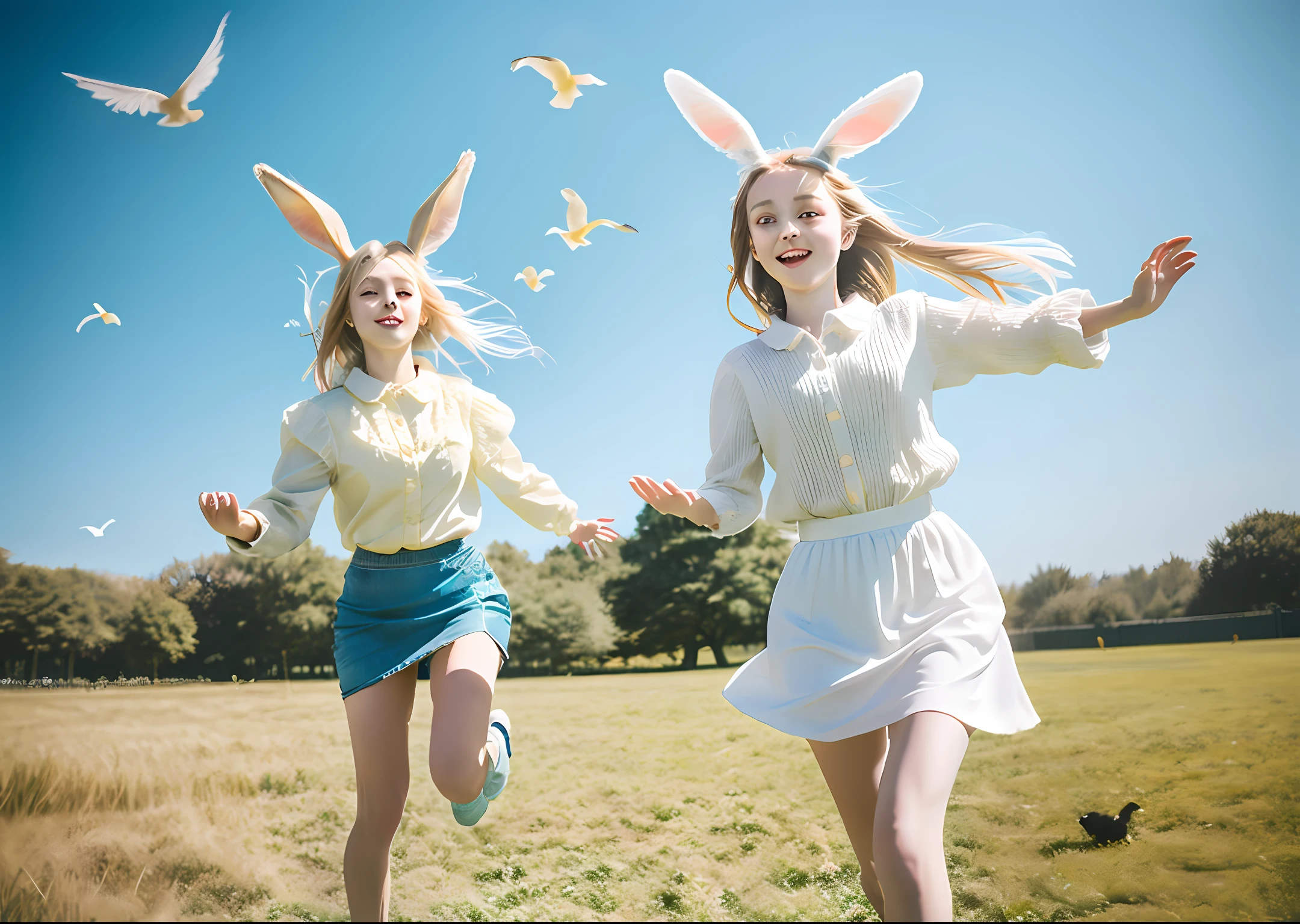 dandelion，grassy fields，Kizi，whitish skirt，golden hair，Golden pupils，suns，baiyun，blue-sky，bunny，flying birds，The ultra -The high-definition，Golden light shines，run，hyper realisitc