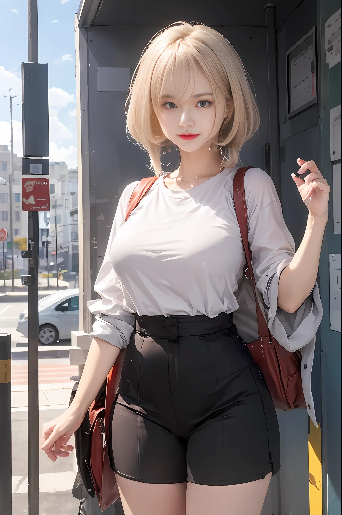 ((Midnight, Best quality, 8k, Masterpiece :1.3)), Whole body, Long legs, Sharp focus :1.2, A pretty woman with perfect figure :1.4, Slender abs :1.1, ((Dark brown hair, Big breasts :1.2)), (White tight tshirt, Jean bib, Standing:1.2), ((Night city view, Rooftop:1.3)), Highly detailed face and skin texture, Detailed eyes, Double eyelid