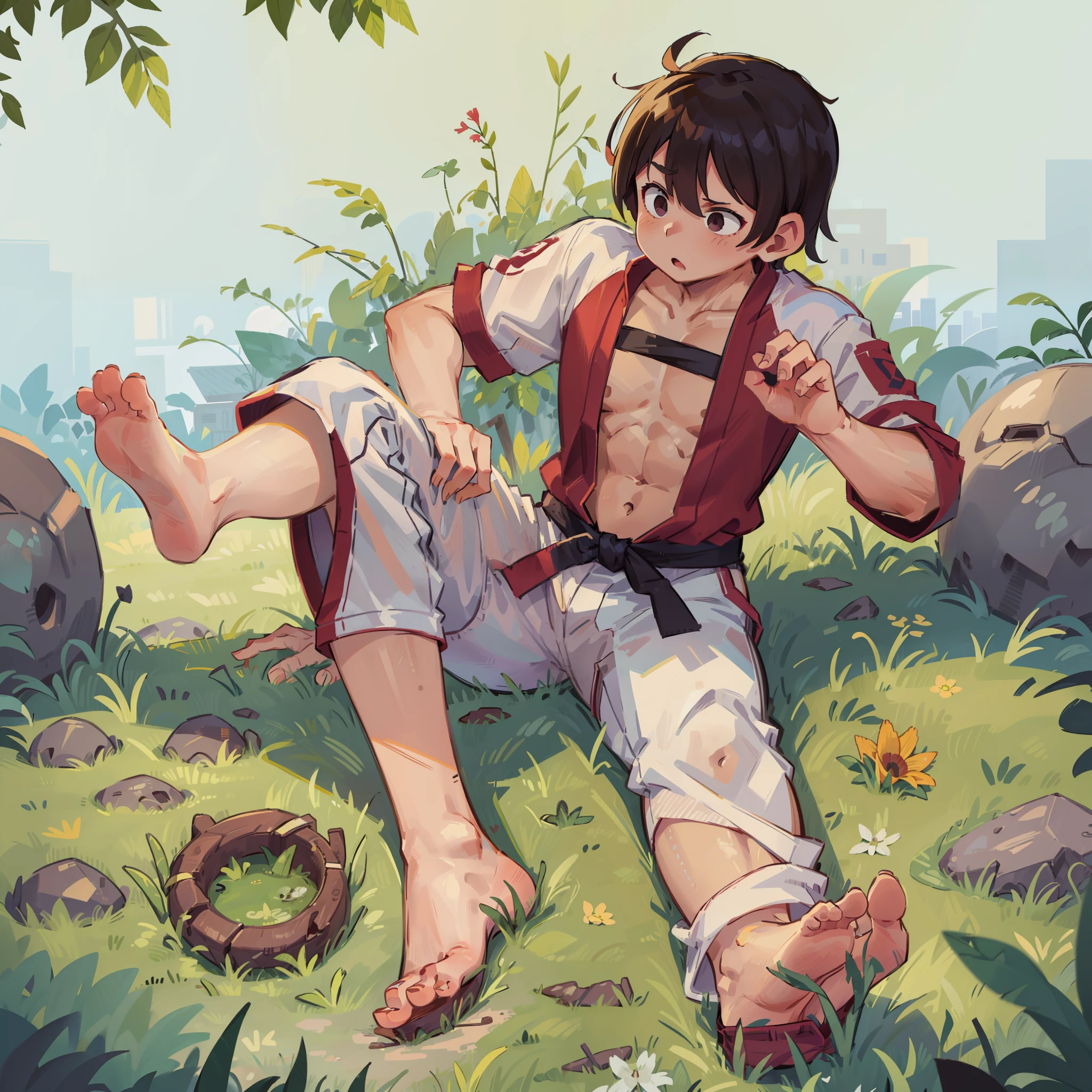 younge boy，Barefoot，Abs，adolable，musculature，A dark-haired，Martial arts uniform，Sit on the lawn，Boy，Cute boy，bare-legged，shortpants，Muscles are strong，Healthy Boy，chest muscle