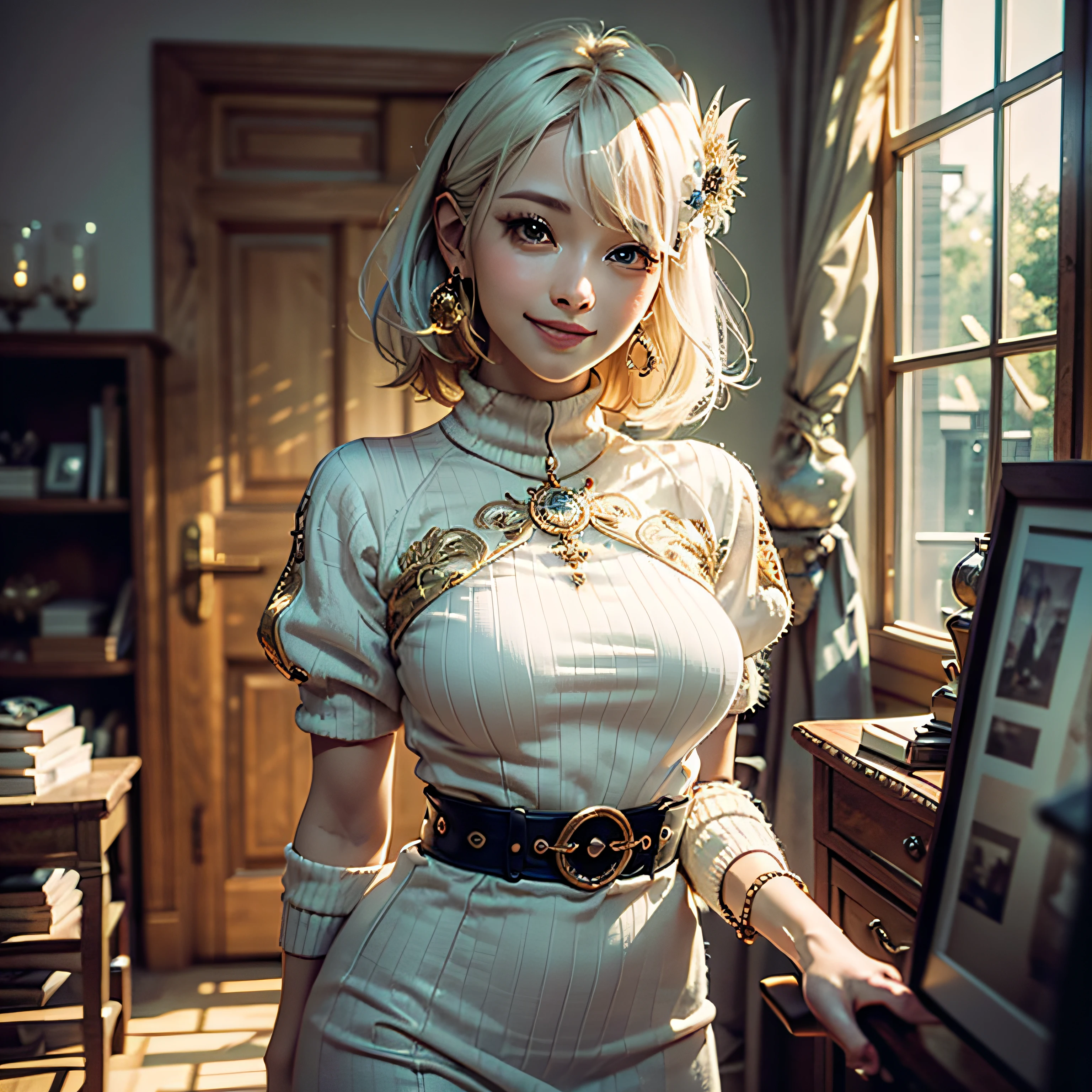 full bodyesbian、White-haired、(dragoon: 1.2)、Brantovan、​masterpiece、beste-Qualit、offcial art、Highly elaborate CG Unity 8K wallpapers、For girls、The ultra-Highres、(Hphotorealistic:1.4)、Golden Hour Lighting、Sweater Dresses、(Upper body body)、(Platinum Shorthair:0.8)、(Puffy eyes)、Look at viewers、Front-facing、a smile、mideum breasts、Gentle smile、shirts lift、Luxurious interior