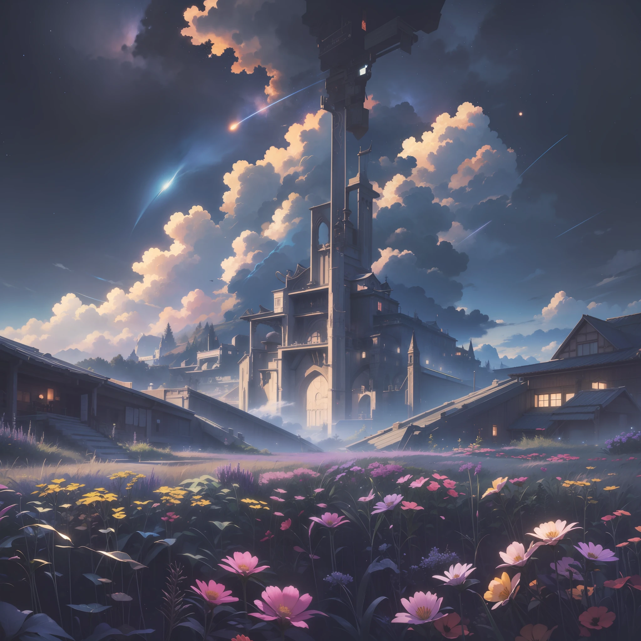 official art, unity 8k wallpaper, ultra detailed, beautiful and aesthetic, masterpiece, best quality, atmospheric, Celestial meadow with starlit grass and cosmic blooms., Angles, background light,