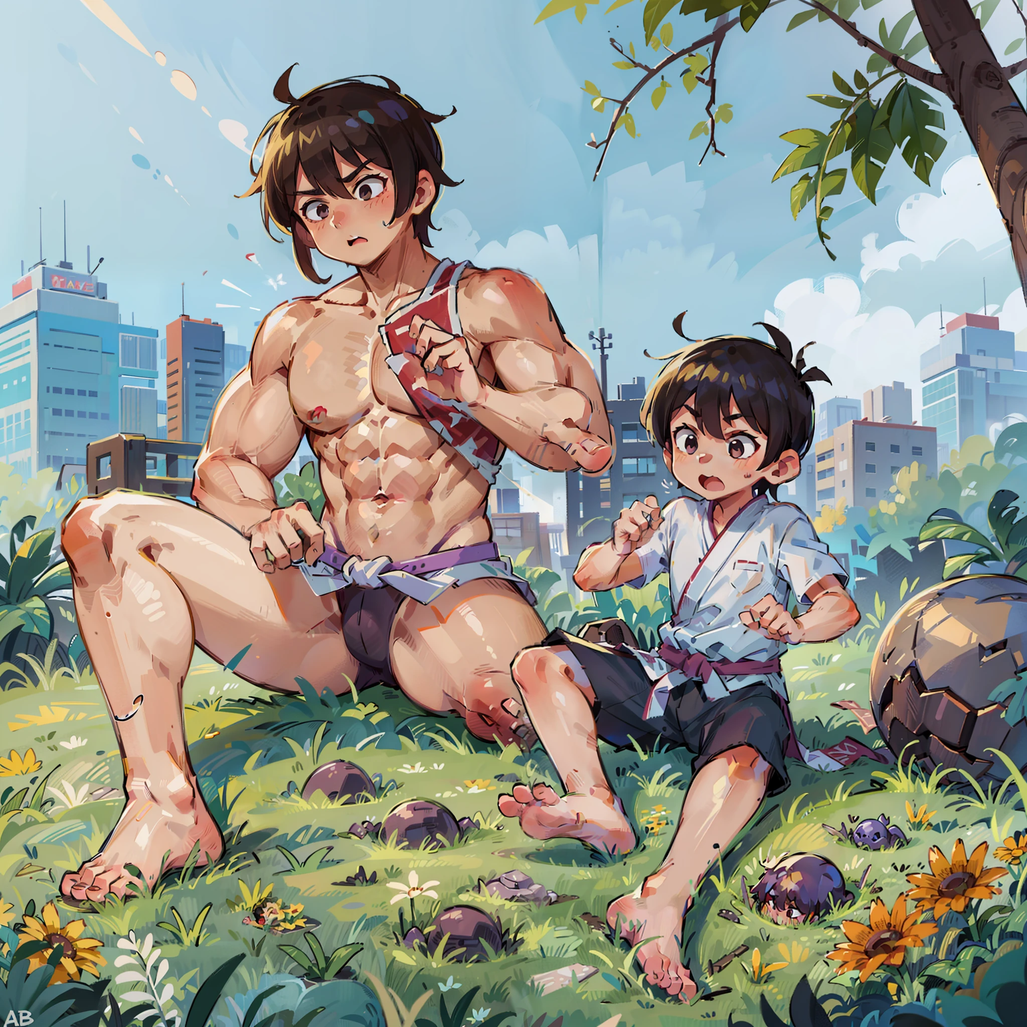 younge boy，Barefoot，Abs，adolable，musculature，A dark-haired，Martial arts uniform，Sit on the lawn，Boy，Cute boy，bare-legged，shortpants，Muscles are strong，Healthy Boy，chest muscle