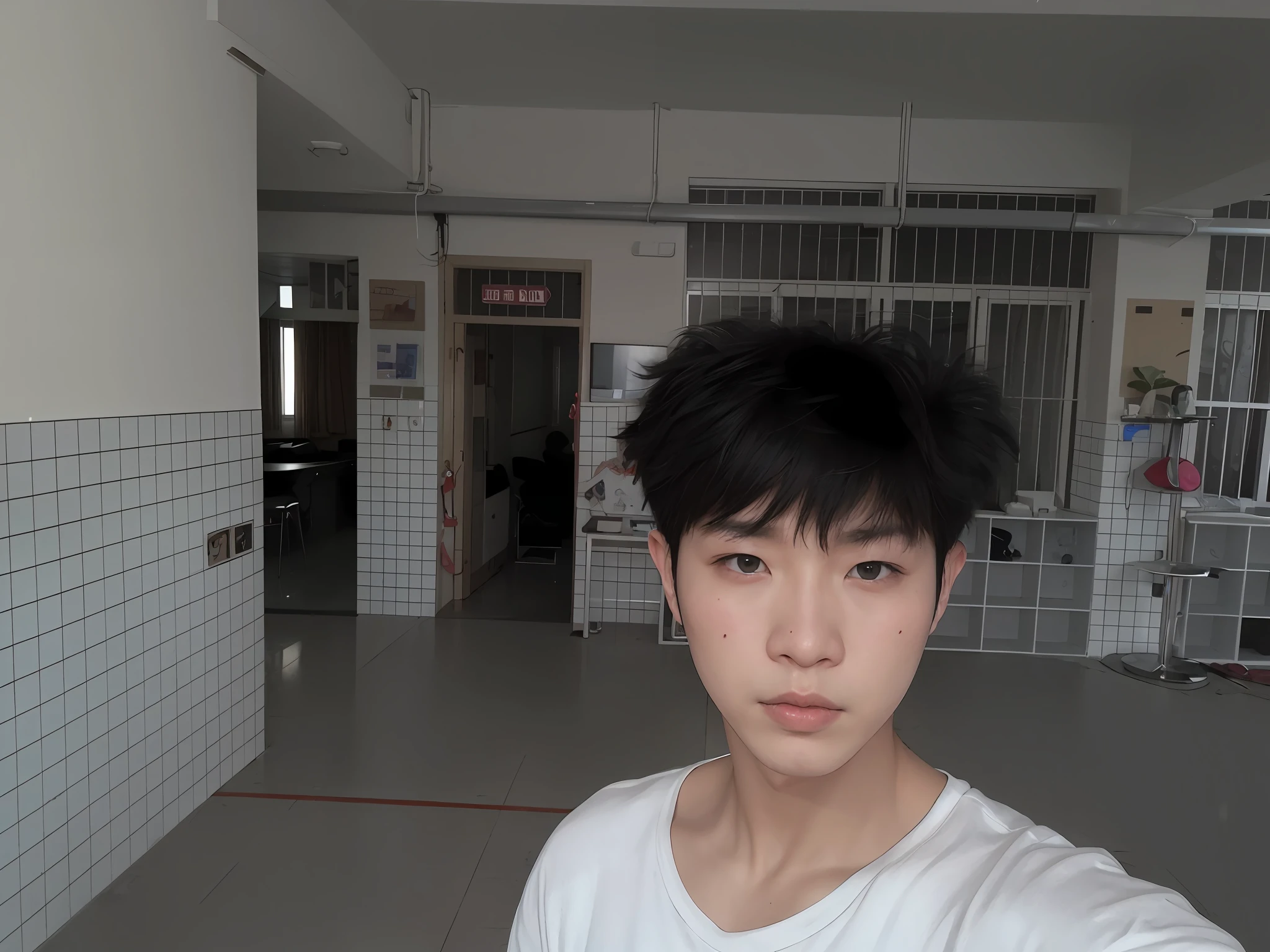 there is a young man with a black hair standing in a room, 8k selfie photograph, wideangle portrait, selfie shot straight on angle, With long hair, 2 7 years old, wideangle portrait, yihao ren, mingchen shen, xintong chen, selfie photo, Cai Xukun's, front profile!!!!, taken with sony alpha 9, Lin Wenjun cyberpunk