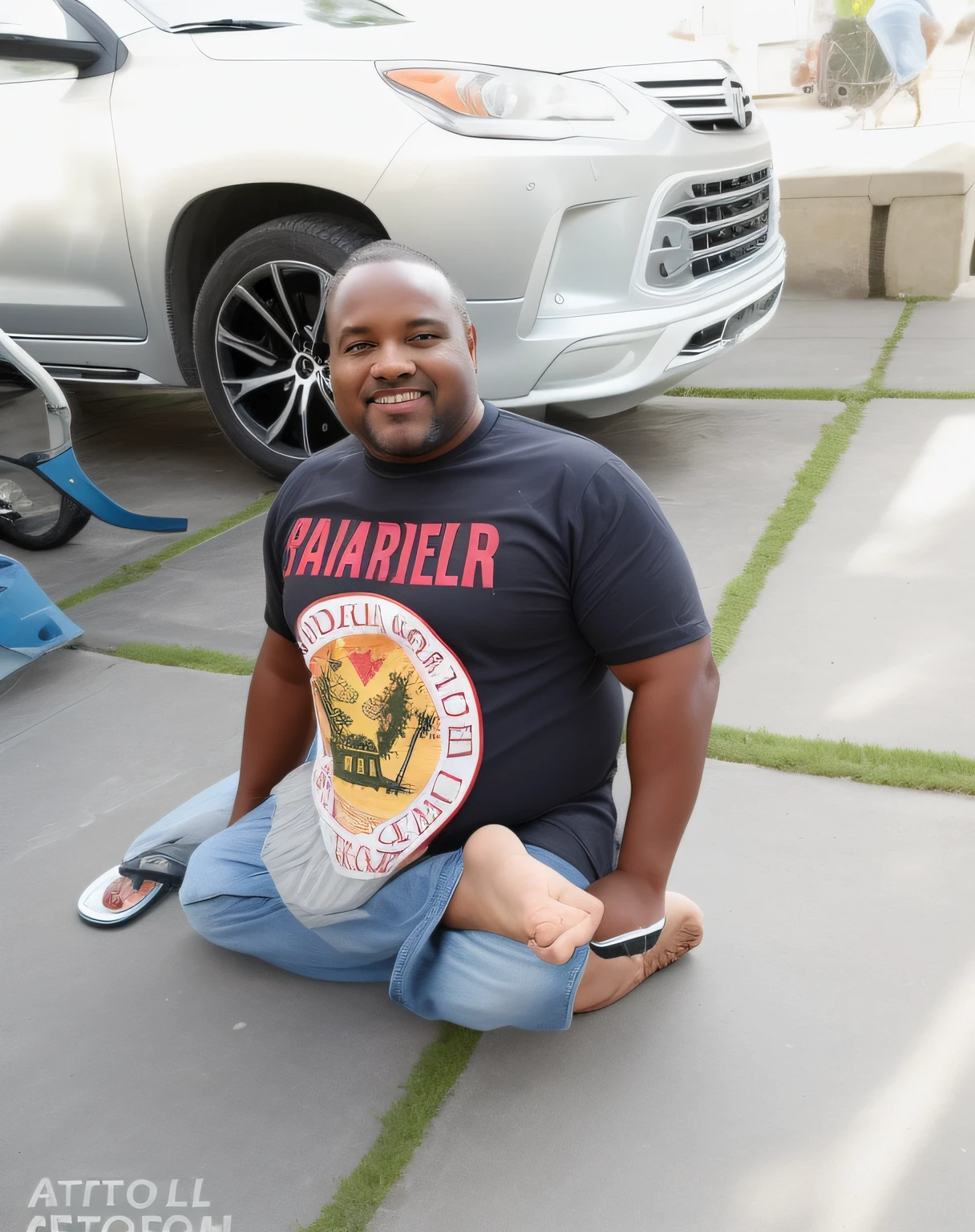 A slightly chubby middle-aged man with disabilities sitting cross-legged on the ground, barefoot, stronger upper body, atrophy of lower limbs --auto