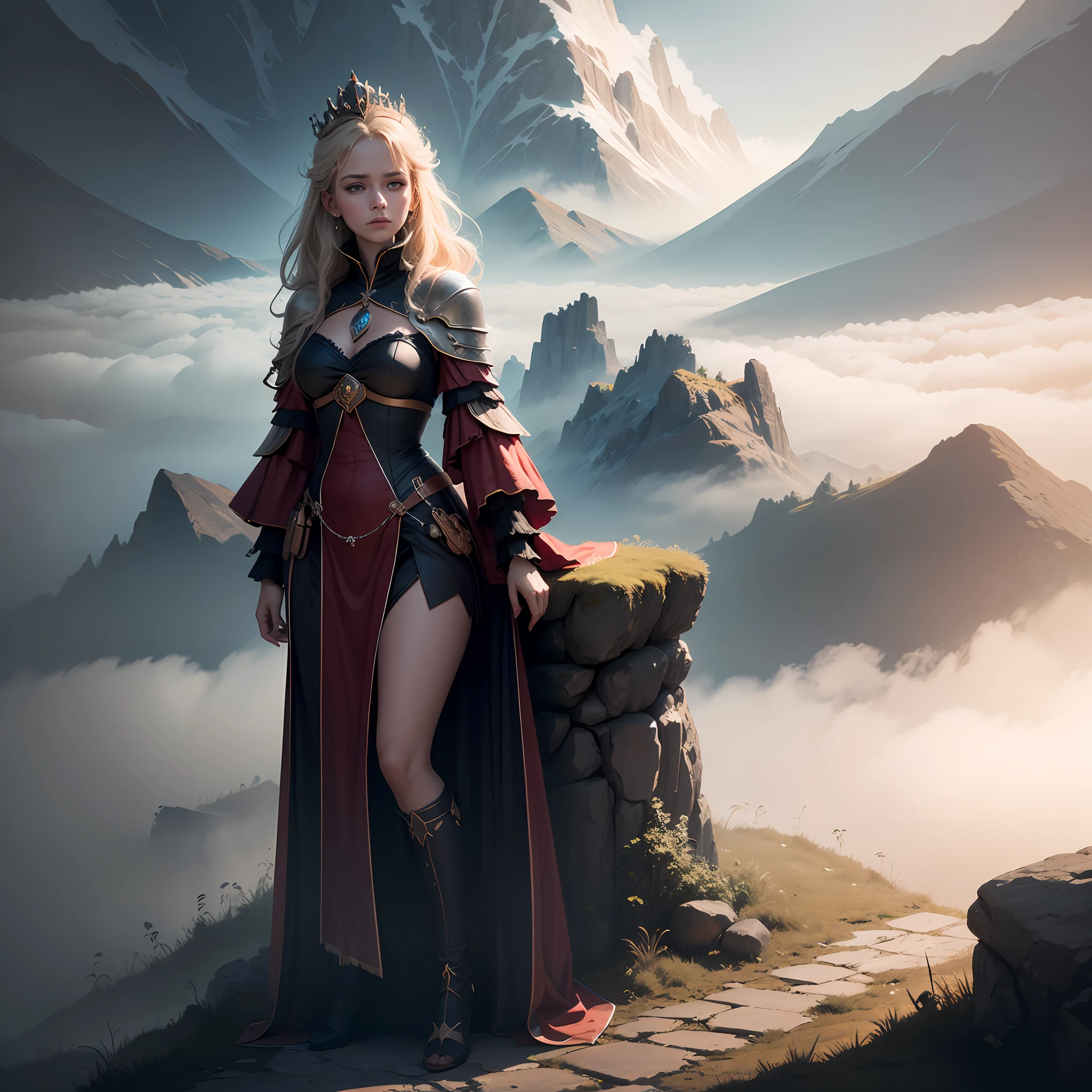 Landscape of a dark world with fog and a beautiful princess in the background 8K camera raw vision 360 warm colors --auto