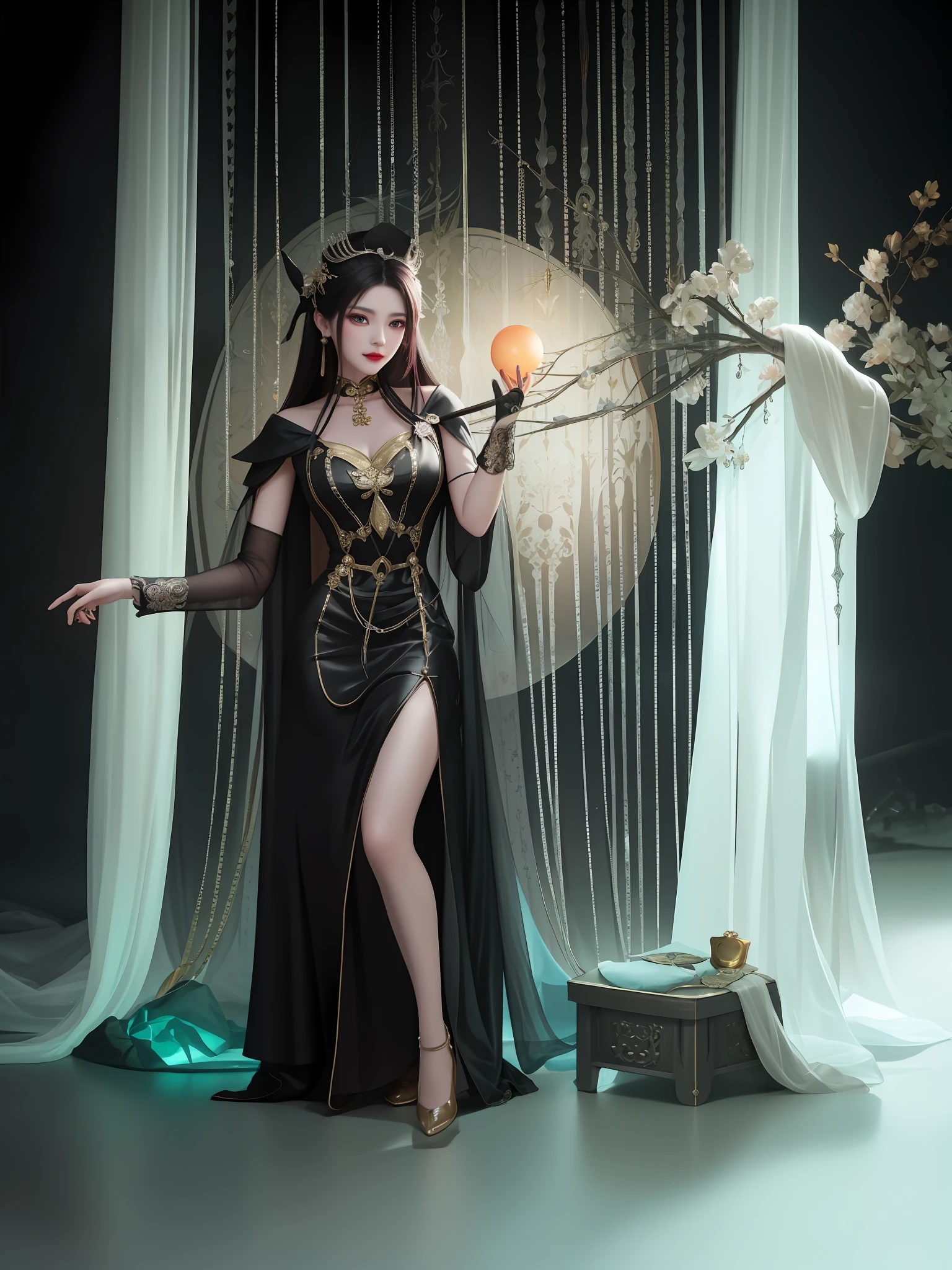 araffe woman in a black dress and a black cape posing for a picture, dark fantasy female magician, beautiful female witch, a beautiful fantasy empress, beautiful female witch, classical witch, full-body xianxia, a sorceress casting a ice ball, Gorgeous Role Play, beautiful female sorceress, fantasy character photo, by Yang J