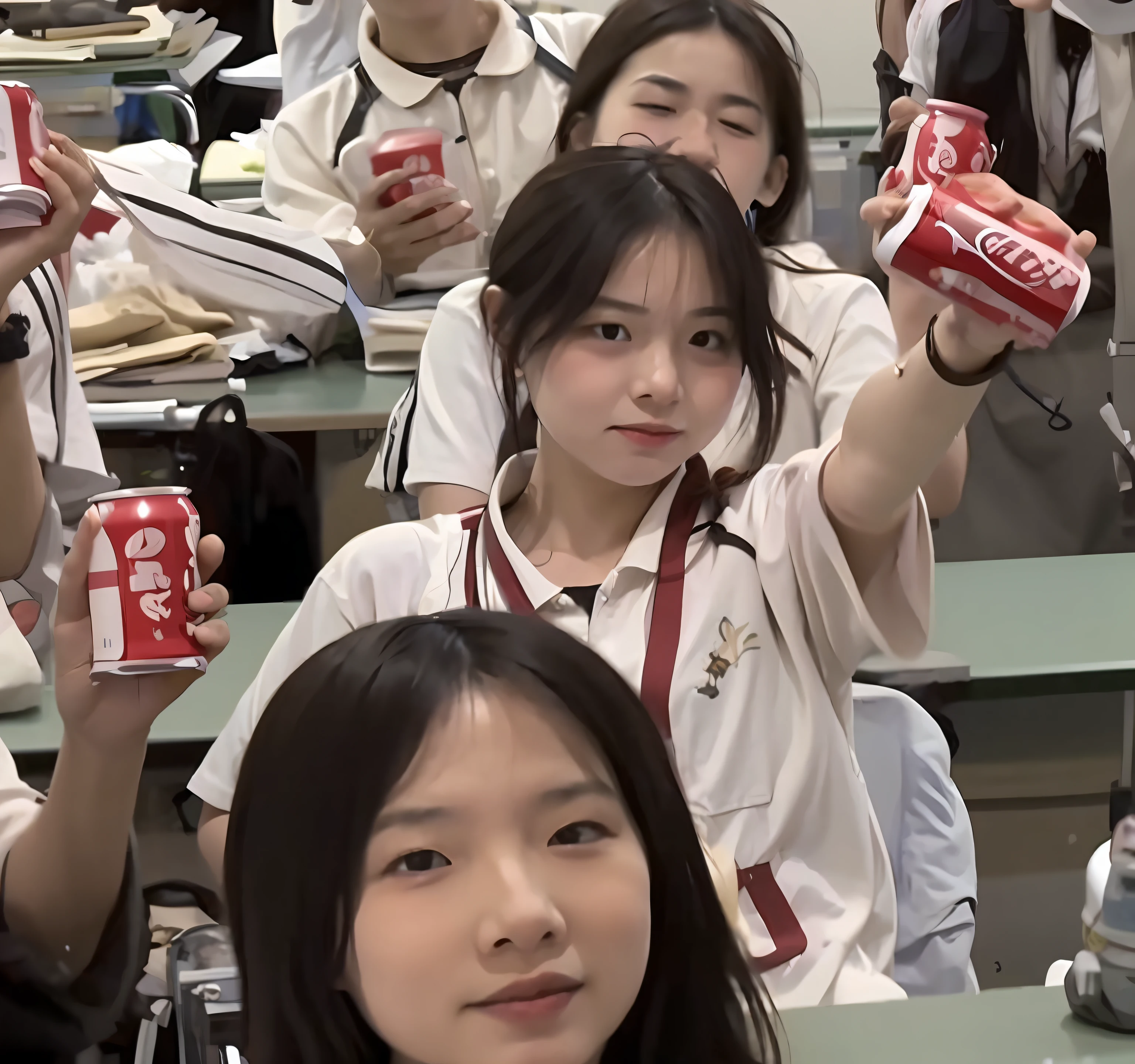 A group of Arafelds sat in the classroom，A can of soda in his hand, drinking a bottle of coca-cola, Japan High School, holding a can of beer, standing in class, soda themed girl, soda cans, cans, wearing a Japanese school uniform, author：Wang yi, 8k selfie photograph, pupils, yanjun cheng, sakimi chan