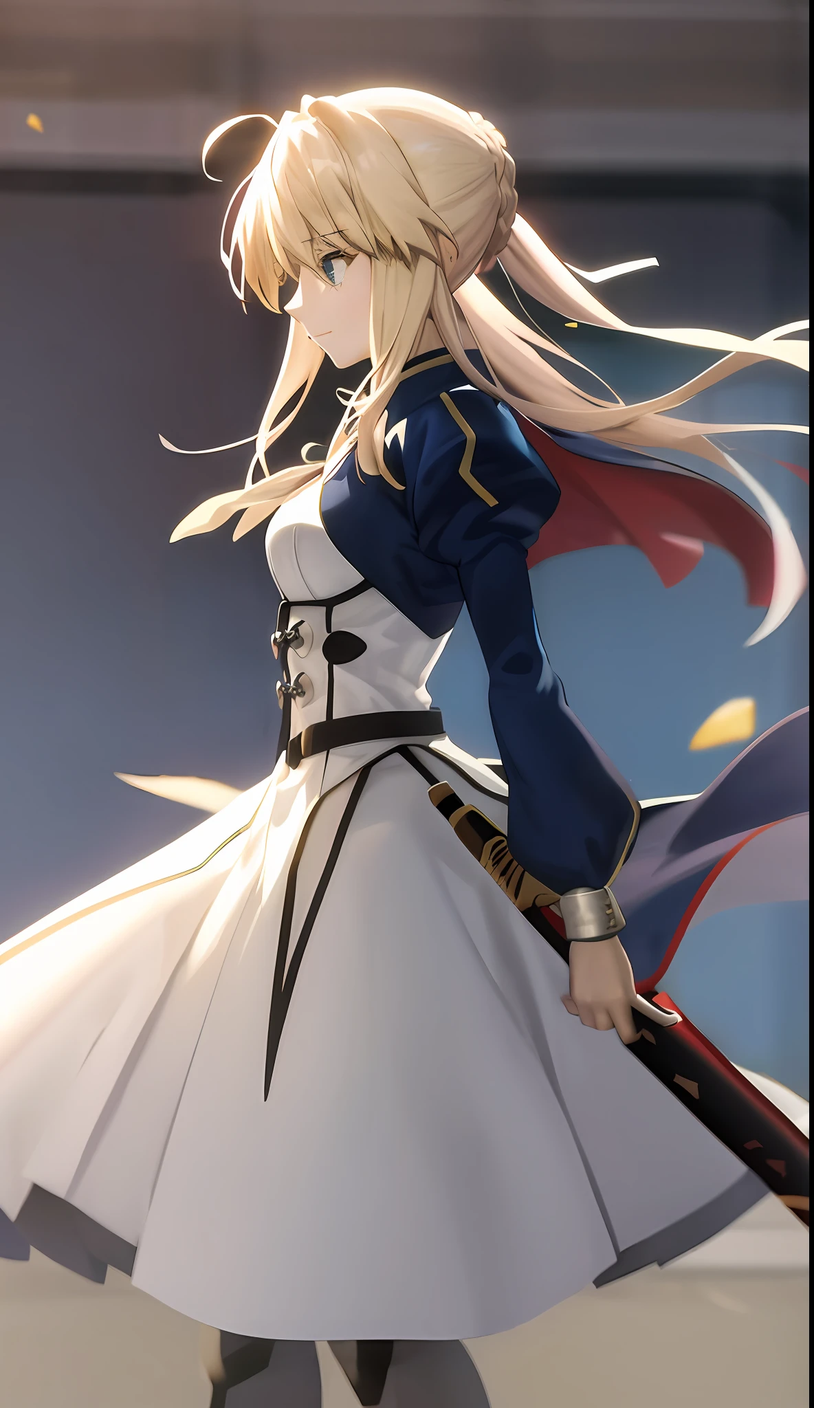 anime girl with long blonde hair flying through the air, Artoria Pendragon, fate / stay night, fate/lofi, Alicization,,rapier, she is holding a sword,