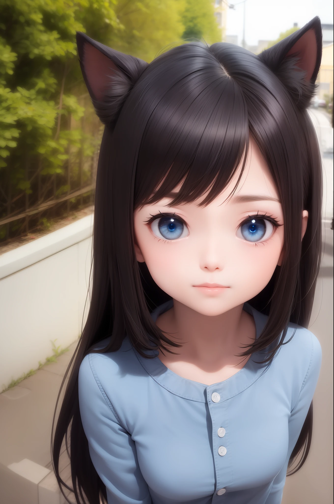 best quality, tmasterpiece, A dark-haired, blue Cat eyes, head looking up, Upper body body，Charming，volutpuous，Pure，hair straight，touching heads，denim pant，Sunnyday，Filter