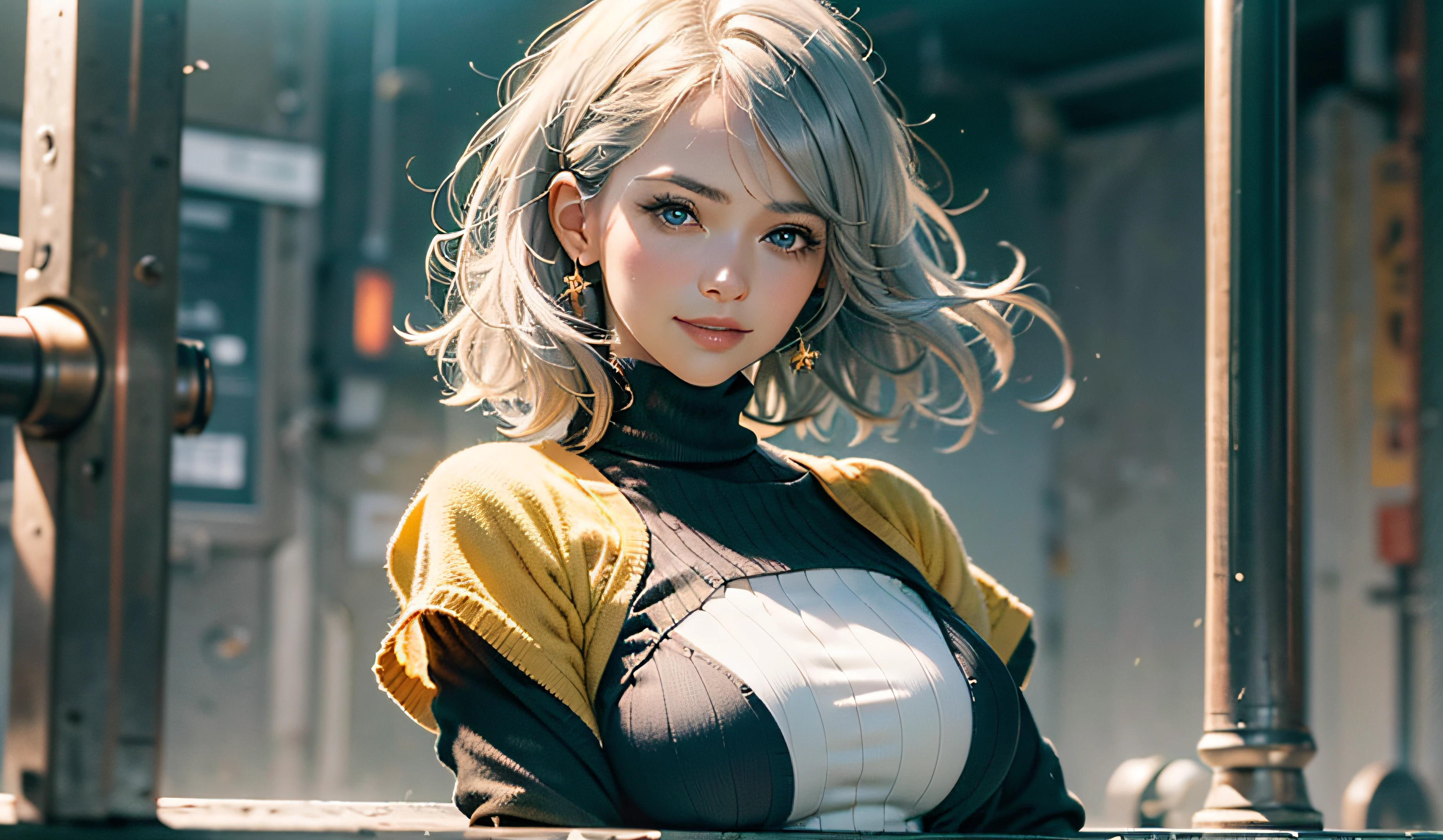 Full body, gray hair, (Dragoon: 1.2), Brantovan, masterpiece, best quality, official art, very elaborate CG Unity 8K wallpaper, for girls, ultra high resolution, (photorealistic: 1.4), golden hour lighting, sweater dress, (upper body), (platinum shorthair: 0.8), (puffy eyes), looking at the viewer, frontal, smile, medium breasts, gentle smile, Shirt lift, gloves, short hair