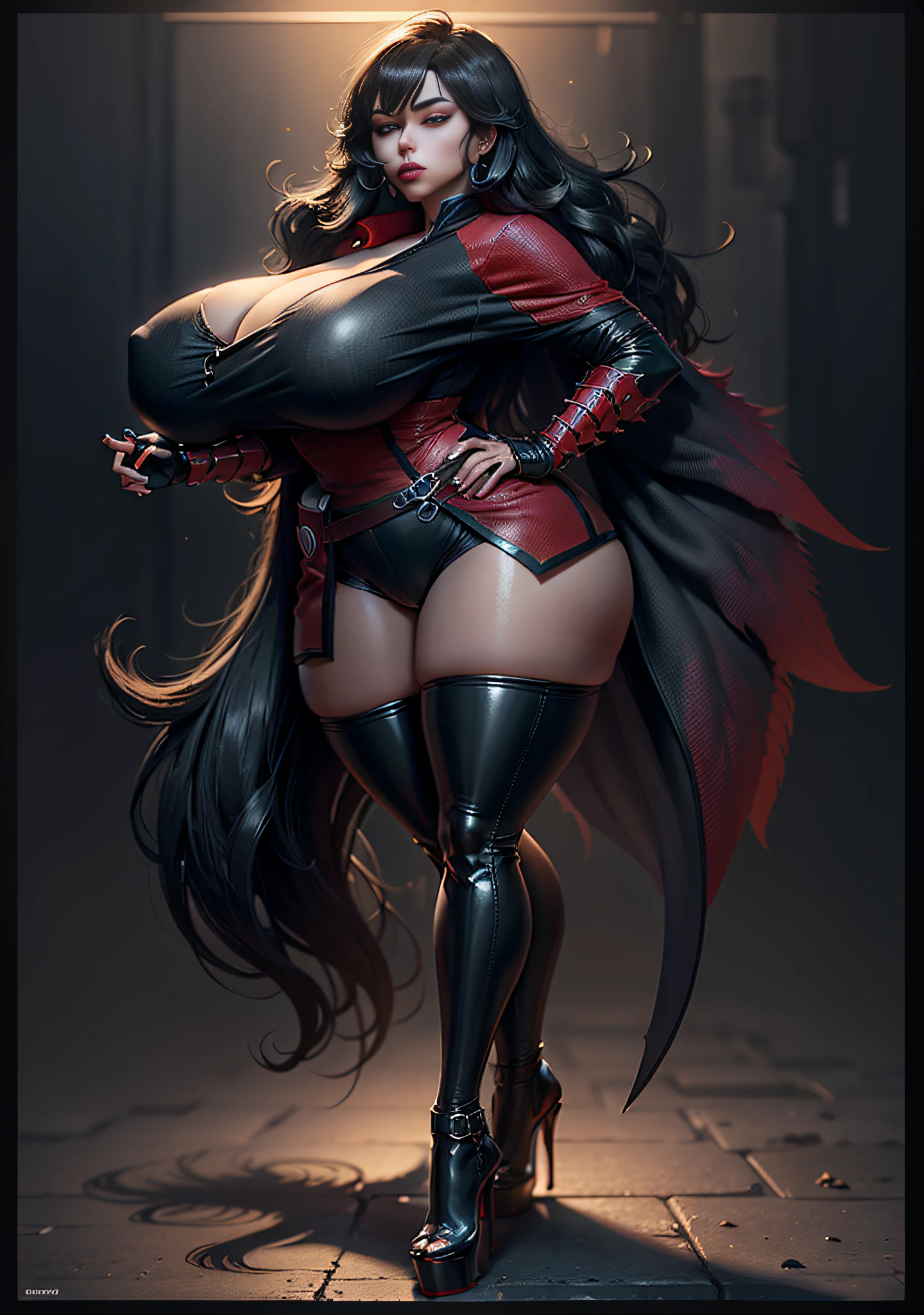 a close up of a cartoon of a woman with a knife, fullbody commission for, commission for high res, thicc, oc commission, sinister pose, full body xianxia, katanas strapped to her back, cel - shaded art style, dark sorceress fullbody pose, commission for, thick black line art, raven branwen, rwby, black hair, expressionless, makeup, empty eyes, black hair, 8k, super detail, 4K, HD, highres, best quality, award winning, high quality, high details, super detail, textured skin, anatomically correct, ccurate, masterpiece, retina, UHD, hyper detail, hyper detailed face, thicc, biomechanical oppai, oppai, thicc, oppai proportions, ????, platform heels, bimbo, (massive lips: 1.3) and (silicon lips:1.3), thick lips, highly detailed face