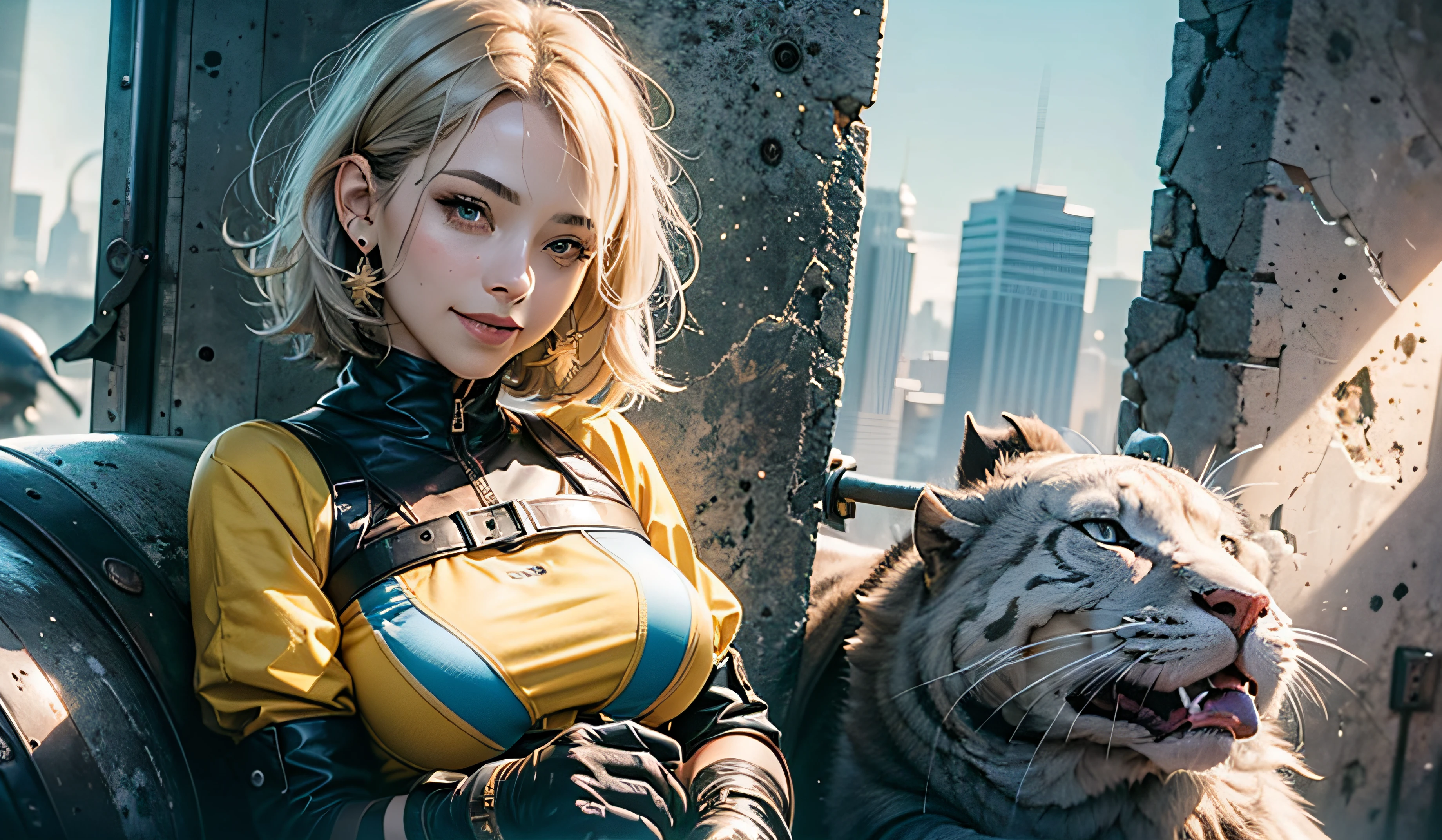 Full body, gray hair, (Dragoon: 1.2), Brantovan, masterpiece, best quality, official art, very elaborate CG Unity 8K wallpaper, for girls, ultra high resolution, (photorealistic: 1.4), golden hour lighting, sweater dress, (upper body), (platinum shorthair: 0.8), (puffy eyes), looking at the viewer, frontal, smile, medium breasts, gentle smile, Shirt lift, gloves, short hair