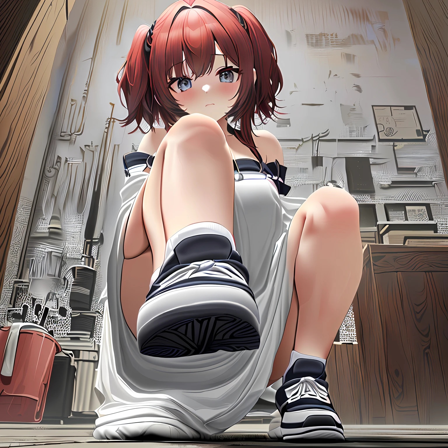 short hair girl,Contemptuous looking down,The sole of the canvas shoe is facing the camera