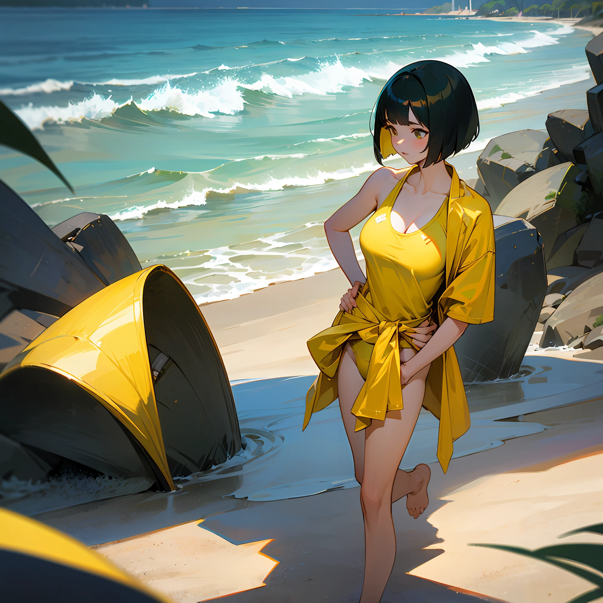 Oversized breasts,Yellow swimsuit,Well-behaved and shy,sea beach,standing on one leg,bob-cut hair,Touch your ear with your left hand,The right hand crosses the waist