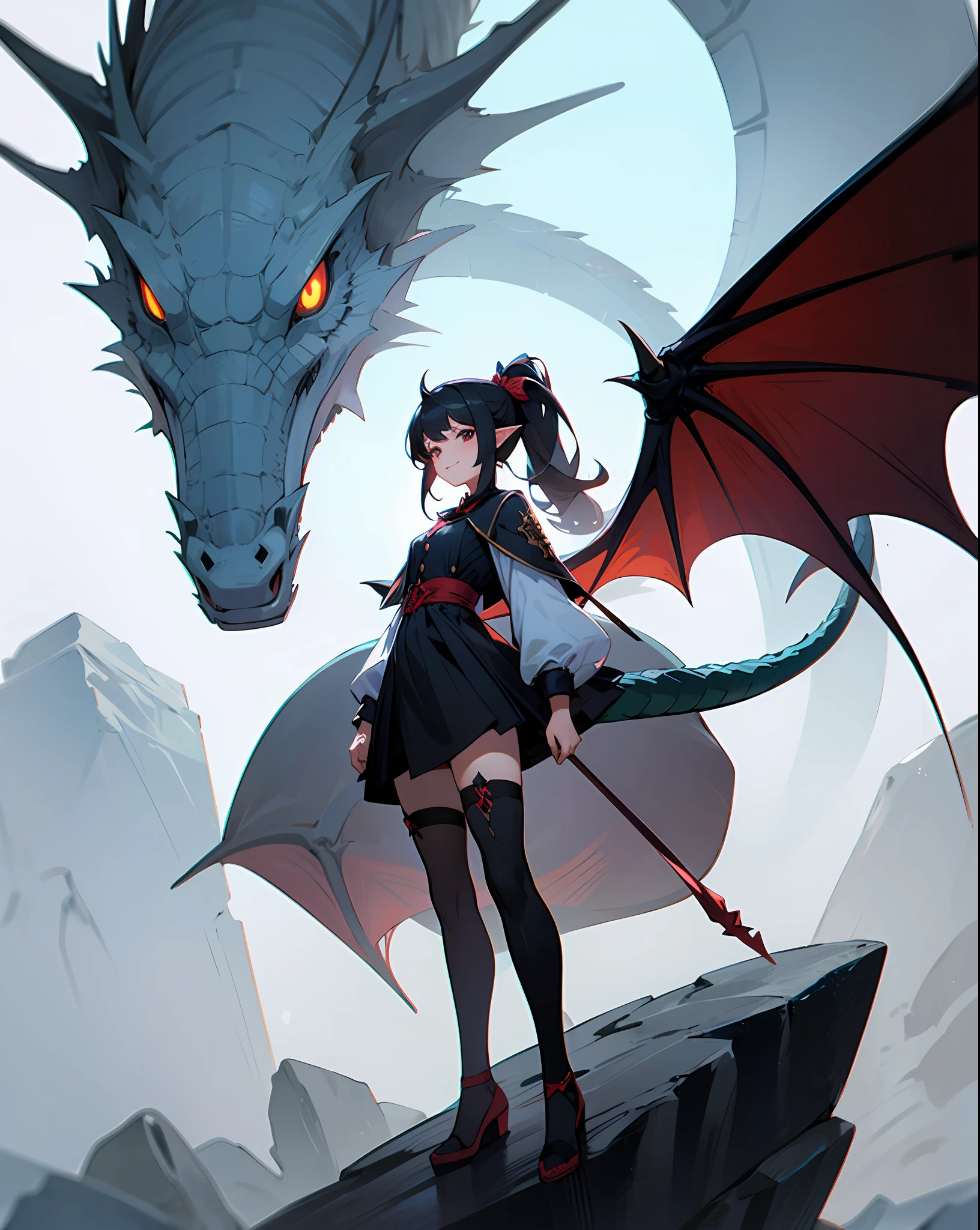 tmasterpiece, Best quality at best, high high quality, 1girll, Dragon Girl, banya, Dragon's horn,Black hair, pointy ears, Black dress, female student,Flower Rock Boulder, large wings, Dragon wings, coda, Dragon tail, thigh high,Full body photo standing on a boulder, standingn,Handsome standing, Dragon hand, length hair,Hairstyle high ponytail, By bangs, Button, ssmile,outside --auto
