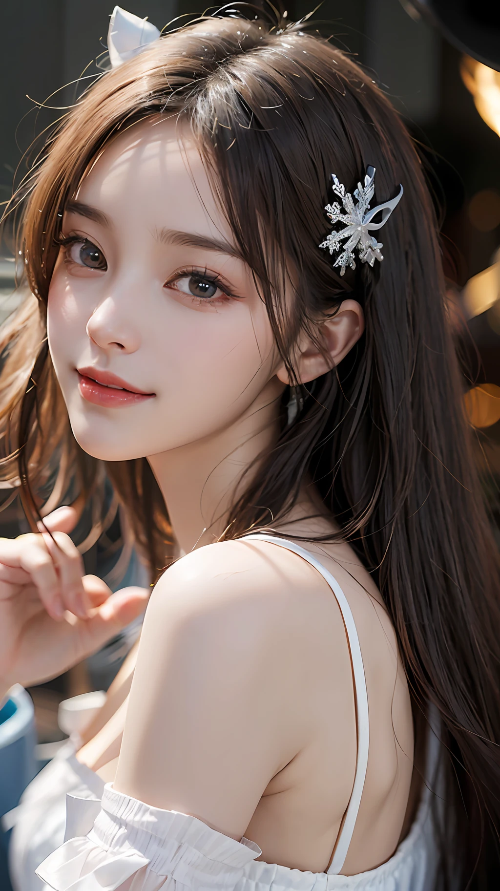 1girl, long hair, heterochromia, gradient hair: 1.5, focus, (abstract subject, abstract background, flutter, cube, ) smile, milf, snowflake background, impact. Masterpiece, One Beautiful Girl, Detailed Eyes, Swollen Eyes, Top Quality, Ultra High Resolution, (Real: 1.4), Film Lighting, Japanese, Asian Beauty, Korean, Very Beautiful, Beautiful Skin, Slender, Body Facing Forward, (Ultra Realistic), (High Resolution), (8K), (Very Detailed ), ( Best Illustration), (Beautifully Detailed Eyes), (Super Detailed), (Wallpaper), Detailed Face, Lighting is Bright, Professional Lighting, Looking at Viewer, Facing Forward, Vampire, Hefty Smile, Red Eye Color, Short Hair, White Sleeveless Attire, Slightly Blurred Background,