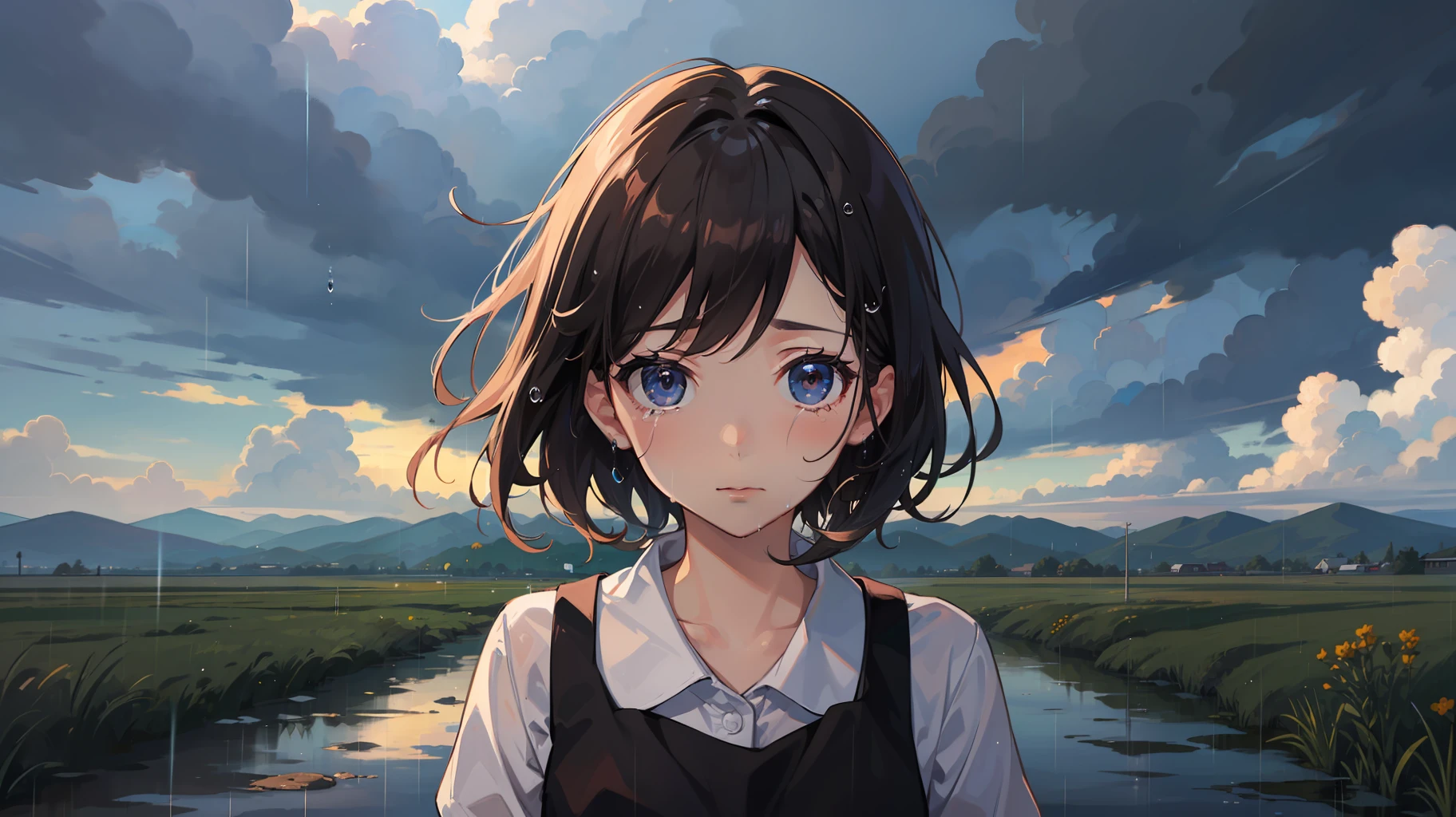 A girl with，rained，It was dark，Cry，The clouds are over，