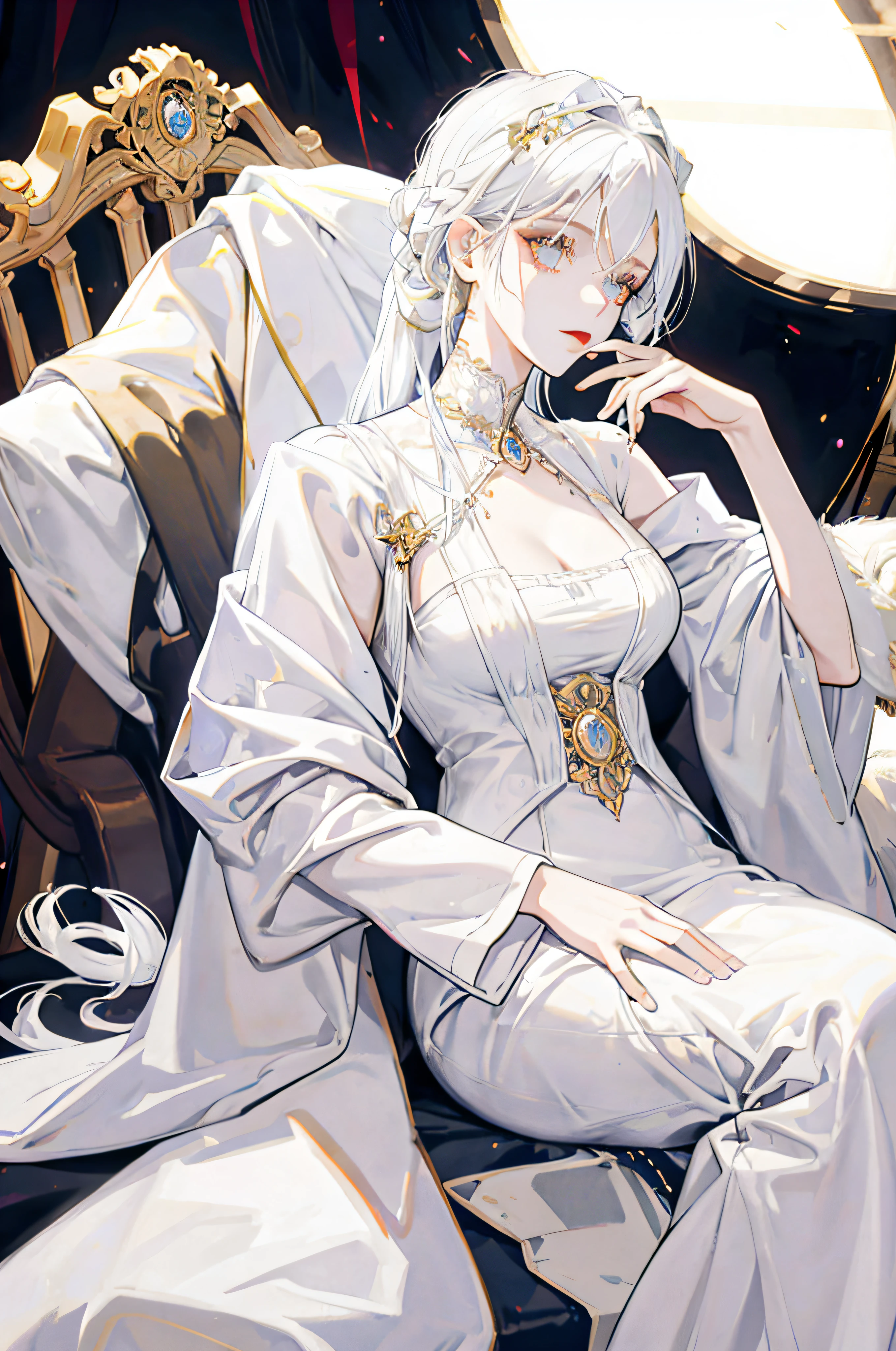 Woman with white hair,Blood-colored eyes,Victorian white dress,de pele branca,ellegance,royal house,Young woman,Solitude,mature,beatifull,tmasterpiece,Extreme