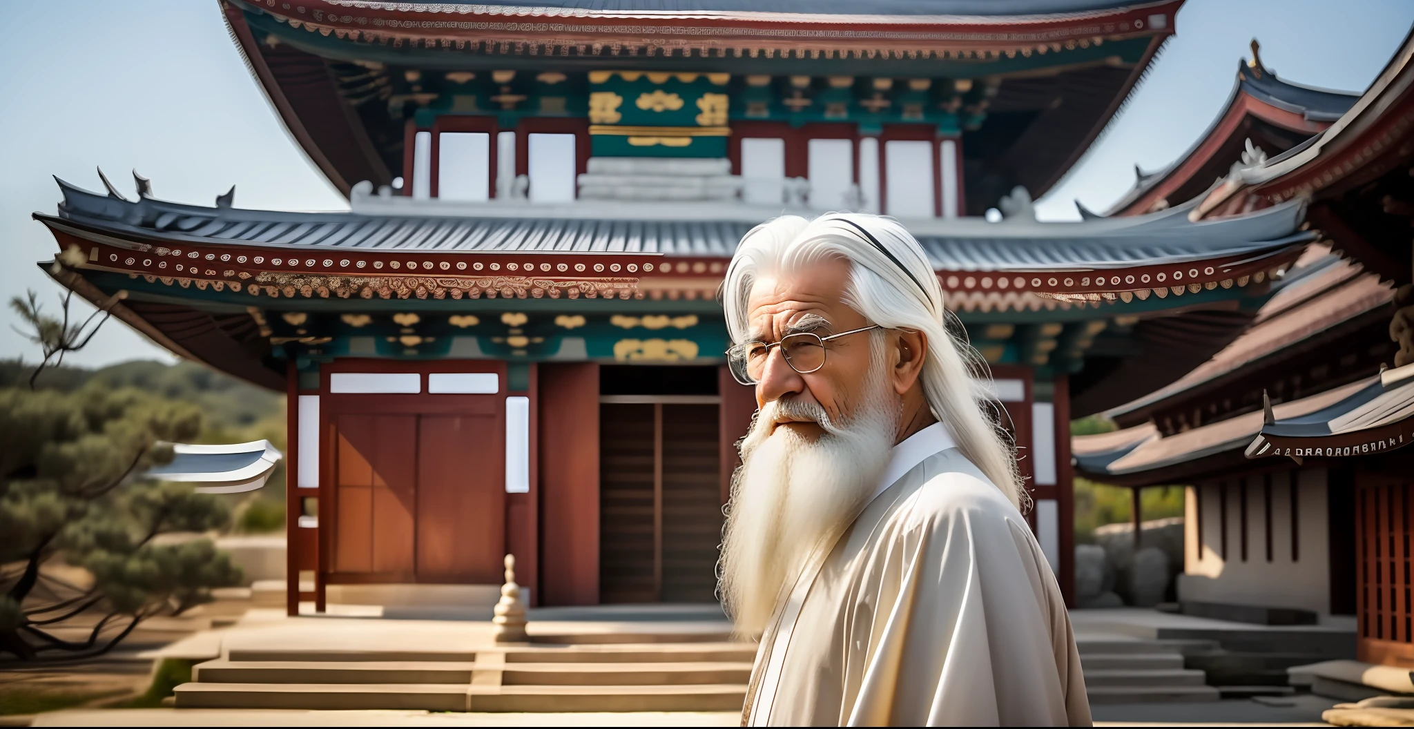an old sage with white hair and beard standing in front of a temple