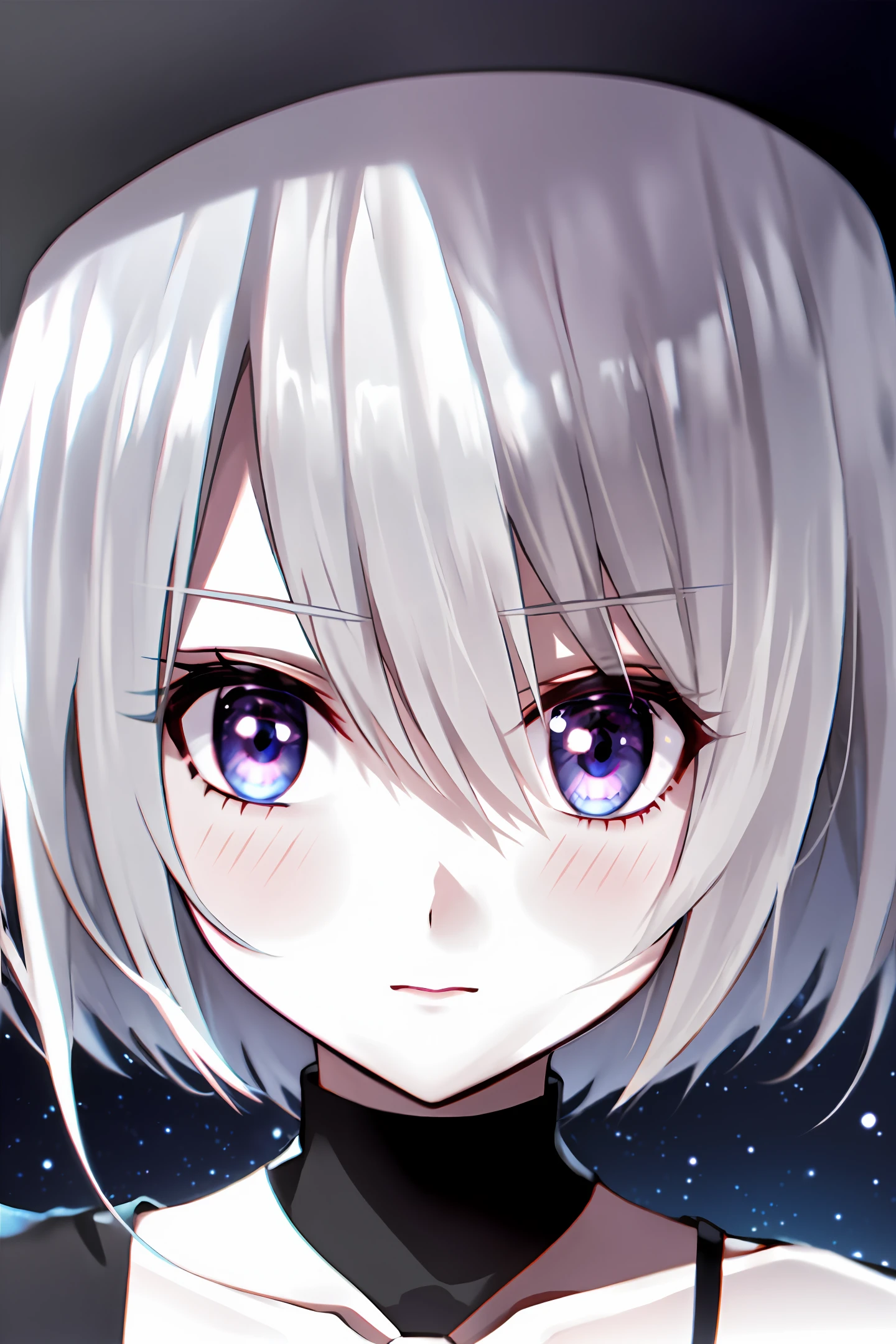 style of anime,A girl with short white hair,Close-up,nigth,oras,Roof,The left eye is completely white、Black whites of the eyes,Black pupil of the right eye、White eyes white