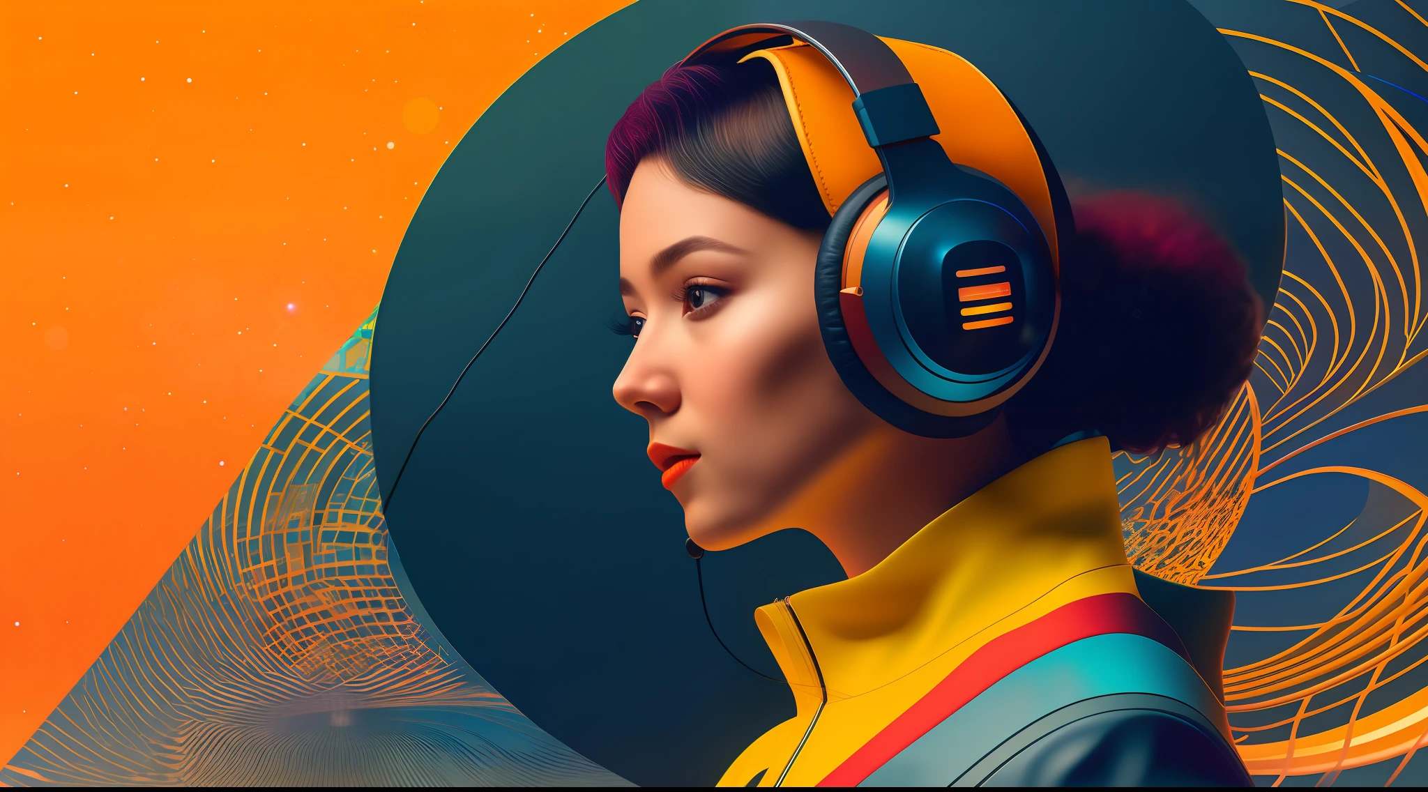 Ultra detalhado bonito androide feminino usando headphone, Retrato Lateral, foco nítido, Retrato VFX altamente detalhado, geometrical forms, global ilumination, por james jean e moebius e artgerm e liam brazier e victo ngai e tristan eaton. arte vetorial, digital illustation, arte conceitual, Dia de Finados:. 8 mil, HDR