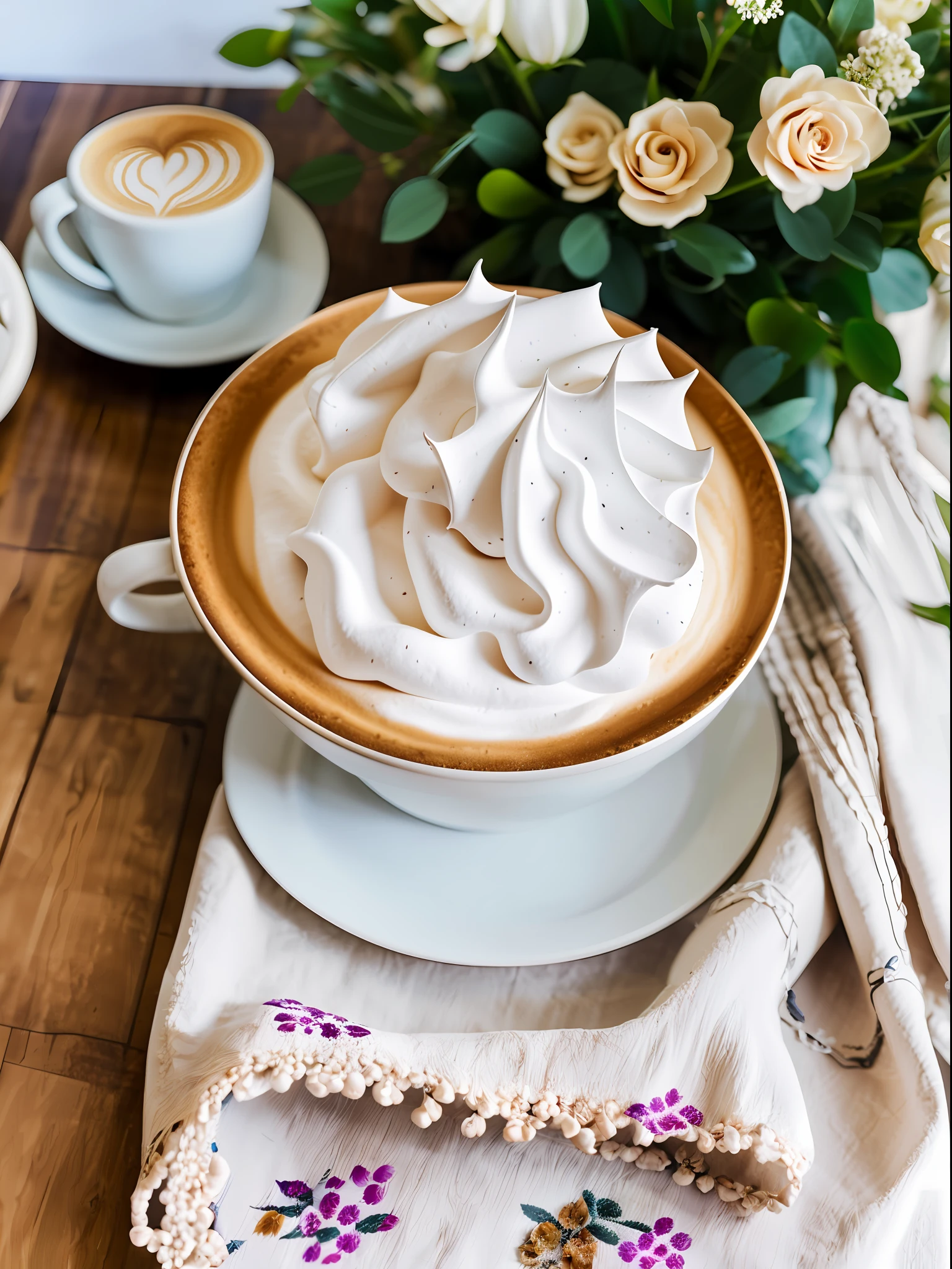 (tmasterpiece, beste-Qualit, hight resolution, ultra_Detailed: 1.2),
Simple background, still life, Flowers, the rule of thirds, lace, Boho, Chic, Bohemian, Exquisitely,  Multi-colored details, decor, Print, Plants, Flowers, bouquet
coffee, dessert, cream, meringue, Marengo, cloth