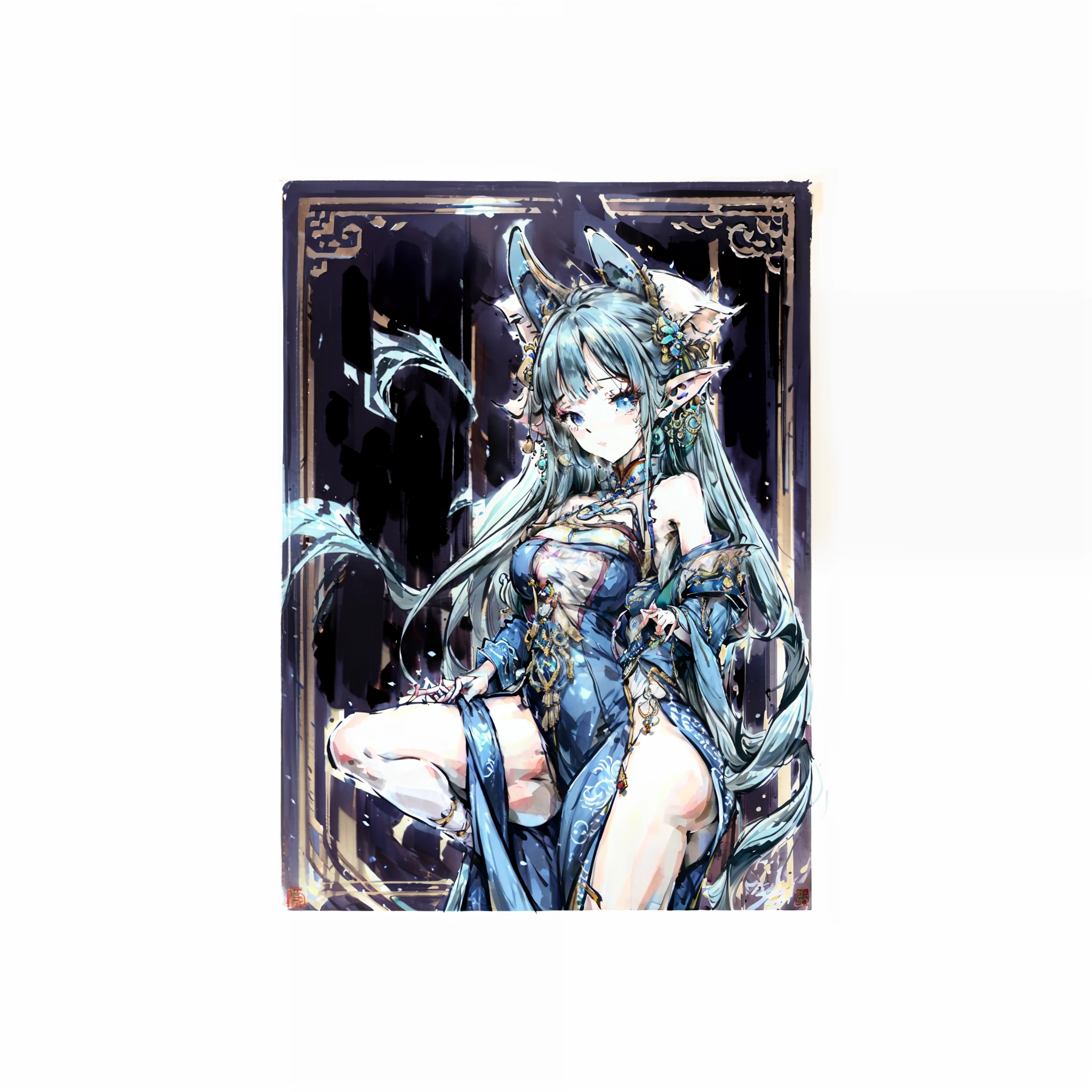 blue long hair,Bigchest,Blue hair,leg loops,on cheongsam,Elf ears,Big ass,Height 1.6 meters,Tall