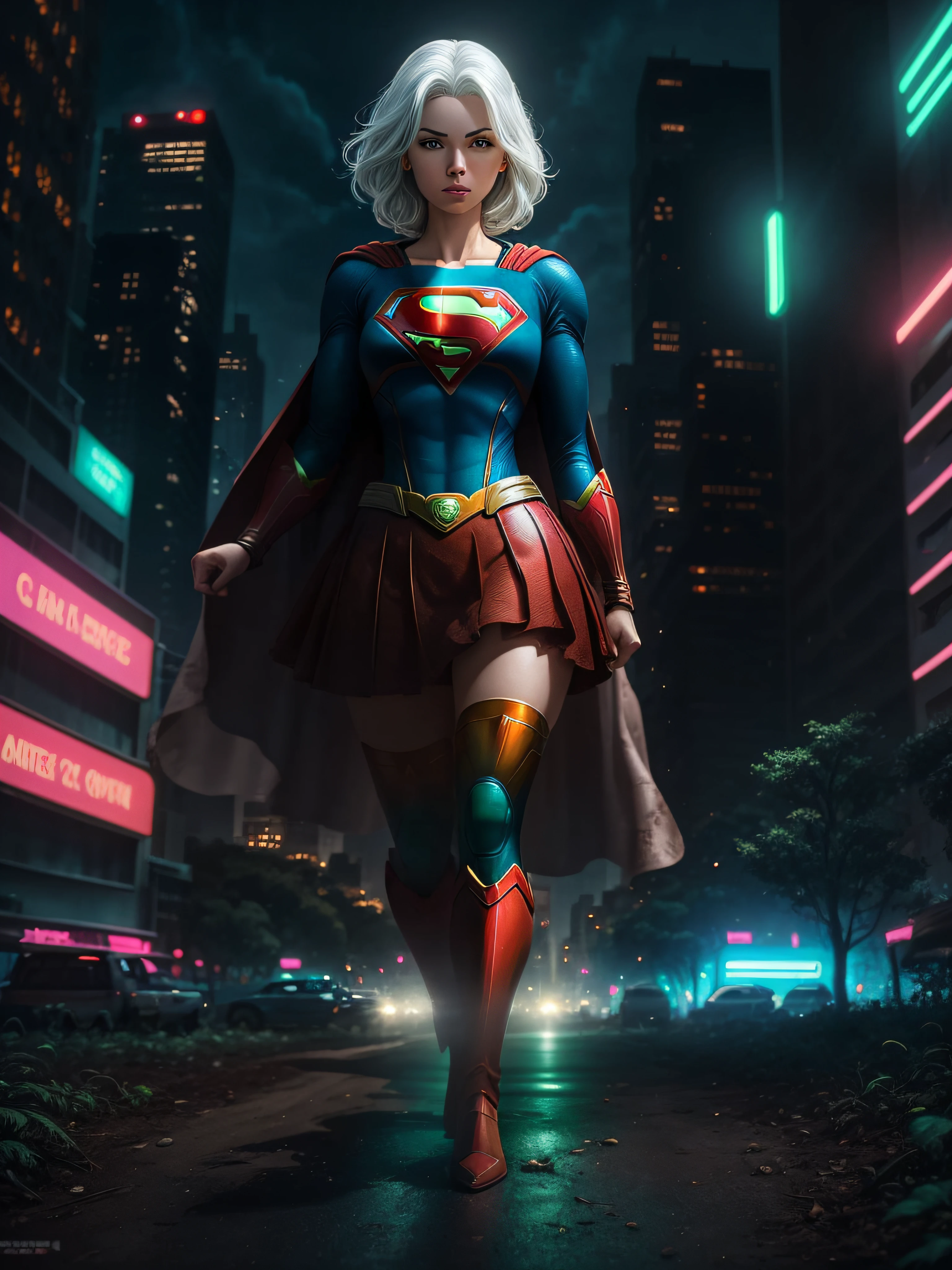 woman with white hair, green eyes, with supergirl's armor, in the foreground holding a drum machine, in the background is a lush, idyllic landscape looking down on Central Park in Manhattan in a post apocalyptic future, cybertronic city with rainbow lights and neon signs and trees, ultrarealistic matte painting, octane render, cinematic
woman with white hair, green eyes, with supergirl's armor, by hajime sorayama --auto