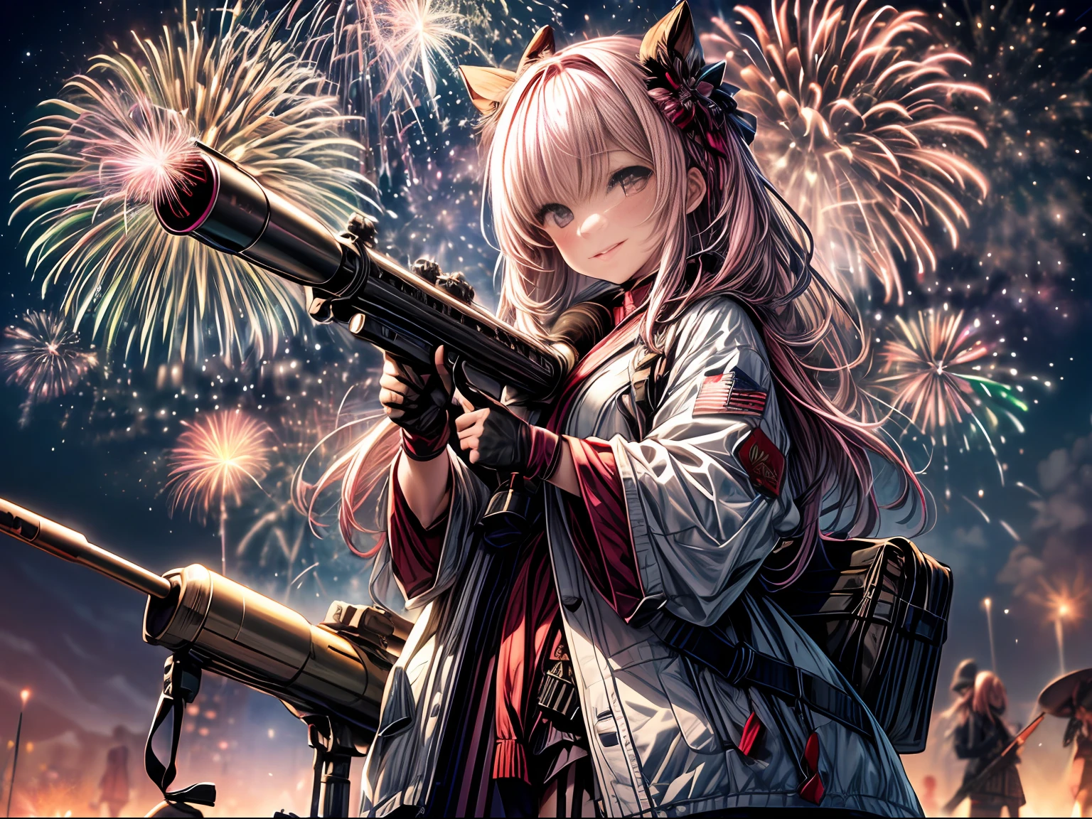 ((mid night、beste-Qualit、8K、masterpiece:1.3)), full bodyesbian, (Girl shooting fireworks from a bazooka:1.4), foco nítido:1.2, Beautiful woman with perfect body shape:1.4, (Pink longhair:1.3)、(Fireworks all over the sky:1.4)、A smile、Military equipment、Highly detailed facial and skin texture, 二重まぶた、(Fireworks from Basuka、
