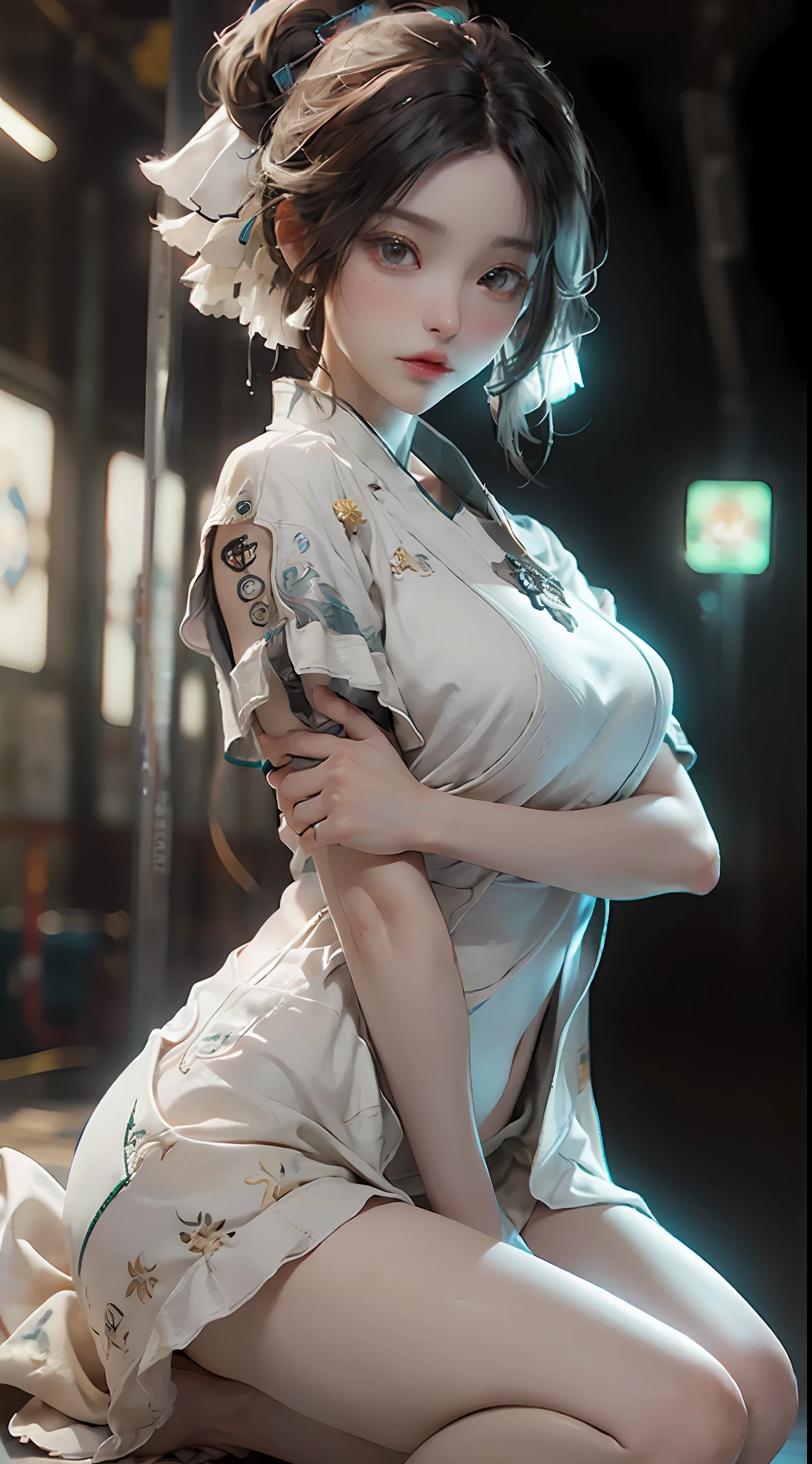 ((best qualtiy)), ((tmasterpiece)), (the detail:1.4), 3D, A beautiful cyberpunk female image,HDR(HighDynamicRange),Ray traching,NVIDIA RTX,Super-Resolution,Unreal 5,Subsurface scattering、PBR Texture、post-processed、Anisotropy Filtering、depth of fields、maximum definition and sharpness、Many-Layer Textures、Albedo e mapas Speculares、Surface Coloring、Accurate simulation of light-material interactions、perfectly proportioned、Octane Render、Two-colored light、largeaperture、Low ISO、White balance、thirds rule、8K RAW、lowerbody、Beautiful feet