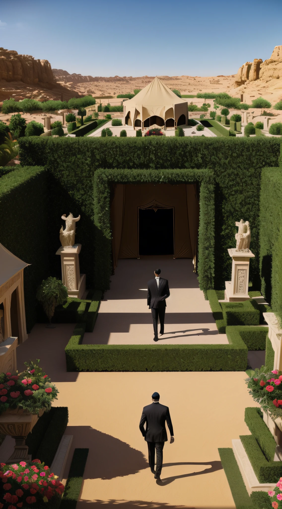 (masterpiece, best quality, CGI, official art:1.2), men in (black suits:1.3), coordinating, erecting (large Bedouin tent:1.2), in front garden of a luxurious villa, ornate stone statues, well-manicured lawns, colorful flower arrangement, clear sunny day, (shadows playing on the garden:1.1), vibrant colors, energetic atmosphere, wide shot, from behind.