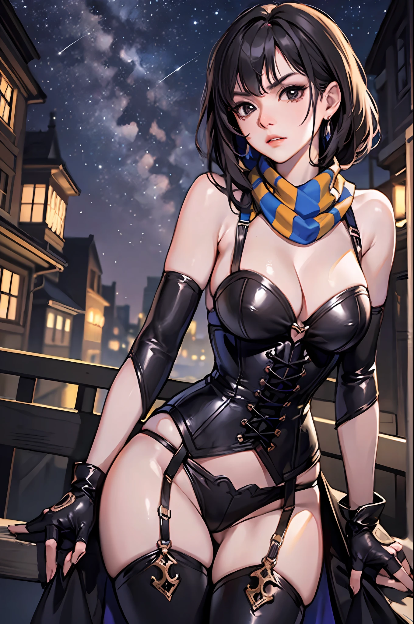 巨作, 4K, Realistic, Best quality, nel zelpher, striped scarf, Black dress, Corset, Fingerless gloves, thigh boots, Looks to the side, Night sky, Serious expression, daggers