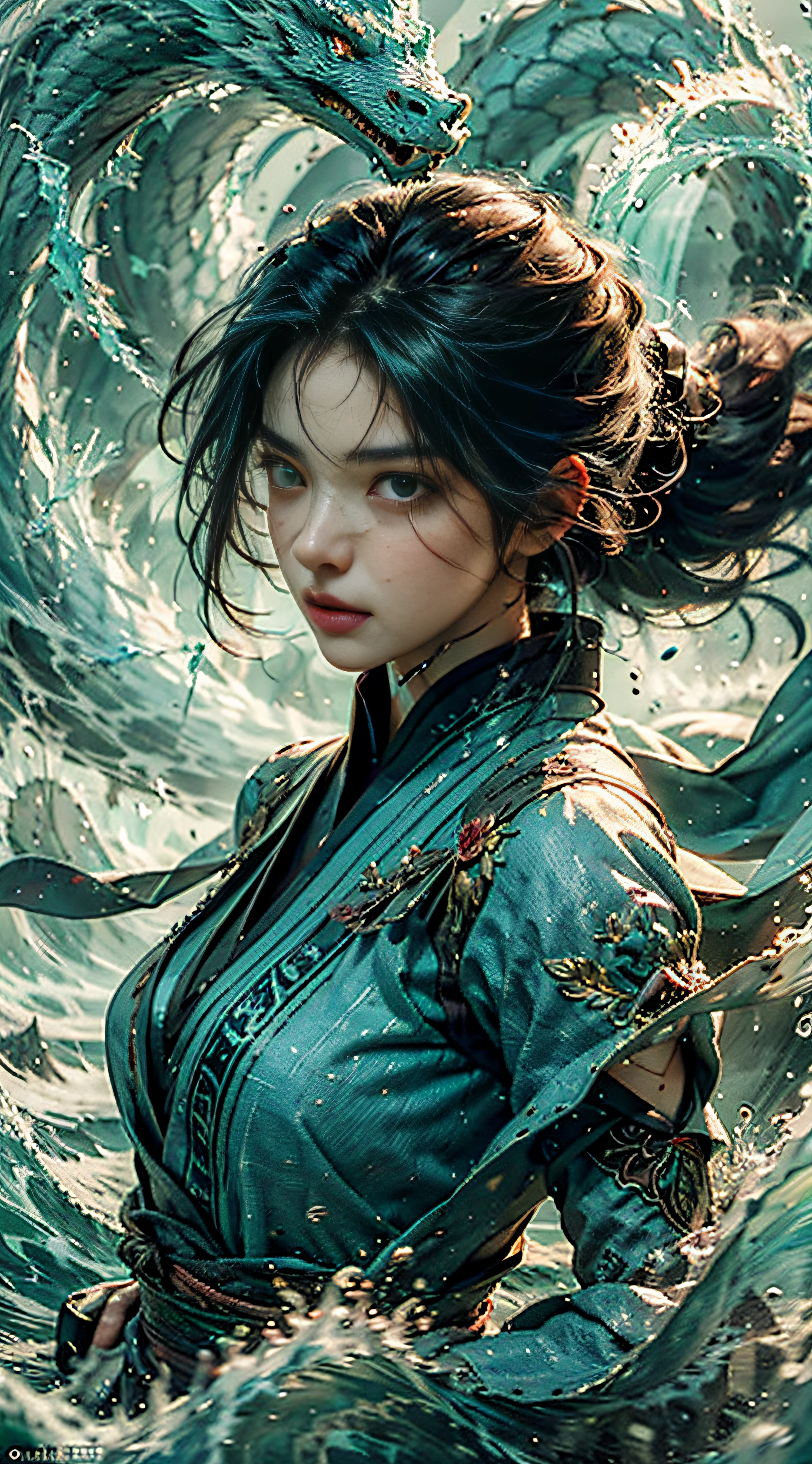 Best quality,tmasterpiece,超高分辨率,,jade water book,1girll,A half body,独奏,A dark-haired,Eau,wave,res lips,A half body,,The normal hand。There is a white dragon behind him,Fight,(RAW photos,best qualtiy),(realisticlying:1.3),best qualtiy,highly detaile,tmasterpiece,Hyper-detailing,illustratio,dynamic angle,{{master piece}},Pinnacle rendering,Realistic rendering,Dark red rendering,Metal rendering,{{colored ink drawing}},{{Splash ink}},{{Splash ink}},{{a color}},{{a color}},Brilliant rendering,Best quality at best,illustratio,火焰,dense smoke,Latter-day world,The end of the sea of ink,full bodyesbian,1girll,Exquisite facial details,Exquisite facial features,Real face,beatiful detailed eyes,Deep pupils,Intense and magnificent battle scenes,