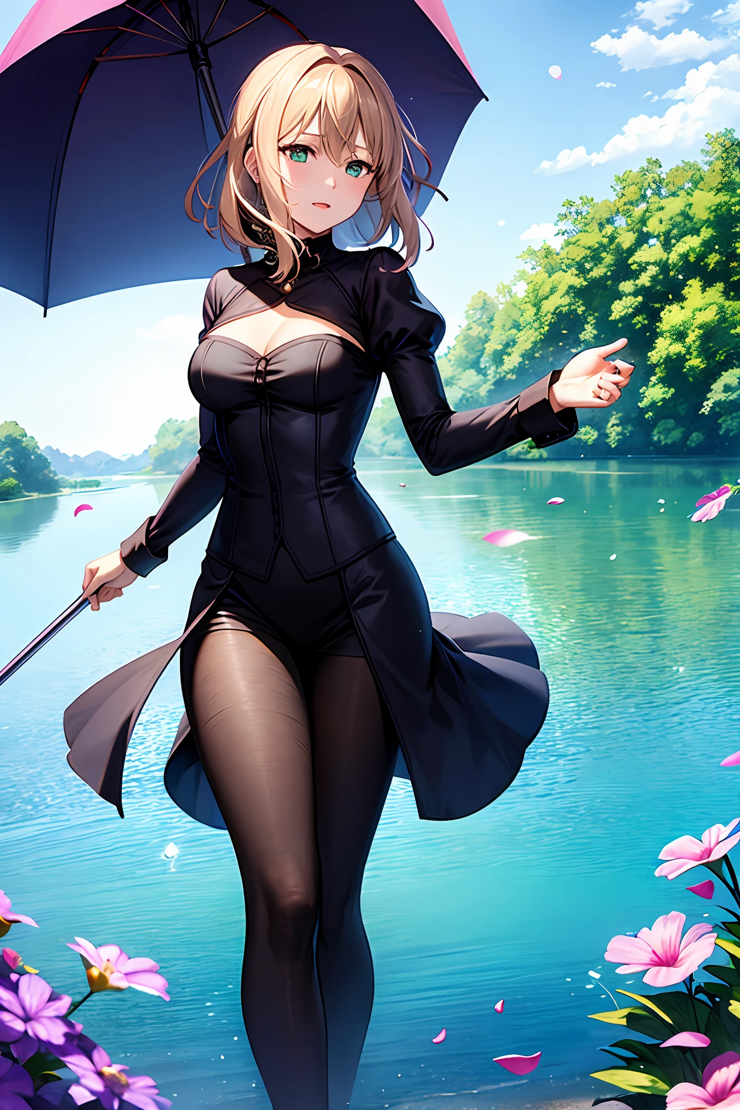Violet，Violet Evergarden，With an umbrella，Fly over the turquoise lake（dynamicposes），Make a splash，Surrounded by violet petals flying，sunlighting（Ray rendering），The surface of the lake is colorful