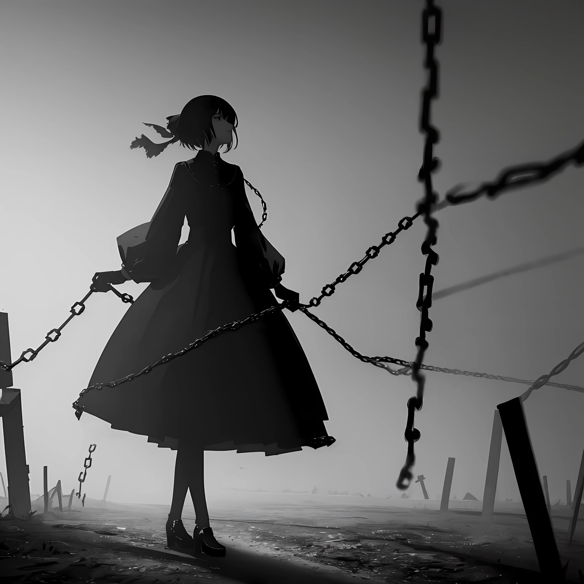 Dark and eerie chains lock the advancing woman