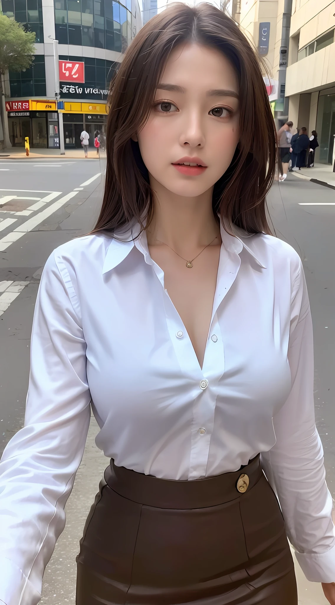 ((Best quality, 8k, Masterpiece :1.3)), Sharp focus :1.2, A pretty woman with perfect figure :1.4, Slender abs :1.2, ((Dark brown hair, Big breasts :1.2)), (White button up long shirt :1.1), (short skirt office) City street:1.2, Highly detailed face and skin texture, Detailed eyes, Double eyelid