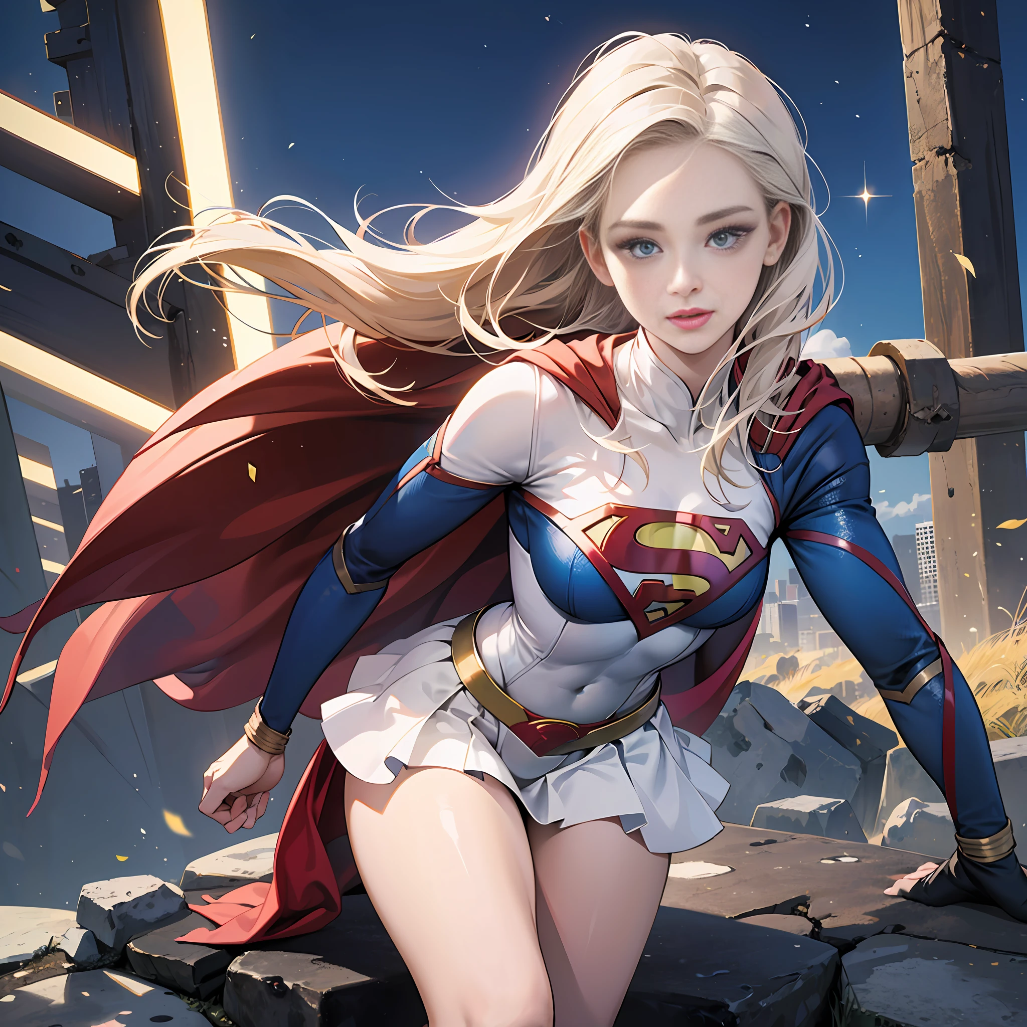 （tmasterpiece，4K分辨率，Ultra photo realsisim，非常详细），（White superhero theme，Glamorous，there's a girl on top of town，Wearing a Supergirl costume，she is a superhero），[（（25-years old），（Long gray hair：1.2），full bodyesbian，（eBlue eyes：1.2），（（Supergirl pose），Show power（（sandy urban environment）：0.8）|（A city scape，the night，dynamic lights），（moon full））] # illustrated：The Prompt mainly describes a 4K painting of ultra-high definition，very realistic，非常详细。It showcases superheroines at the top of the city，Wearing Supergirl costume。The subject in the painting is a white superhero theme，The heroine has long white hair，He is 25 years old，The entire figure is shown in the painting。In terms of depicting the actions of superheroines， --auto